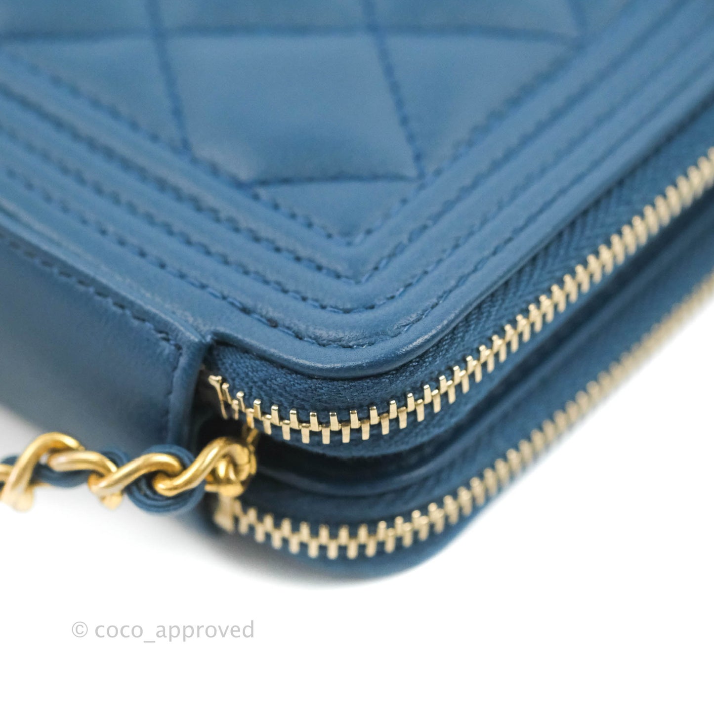 Chanel Boy Double Zip Clutch On Chain Blue Lambskin Aged Gold Hardware