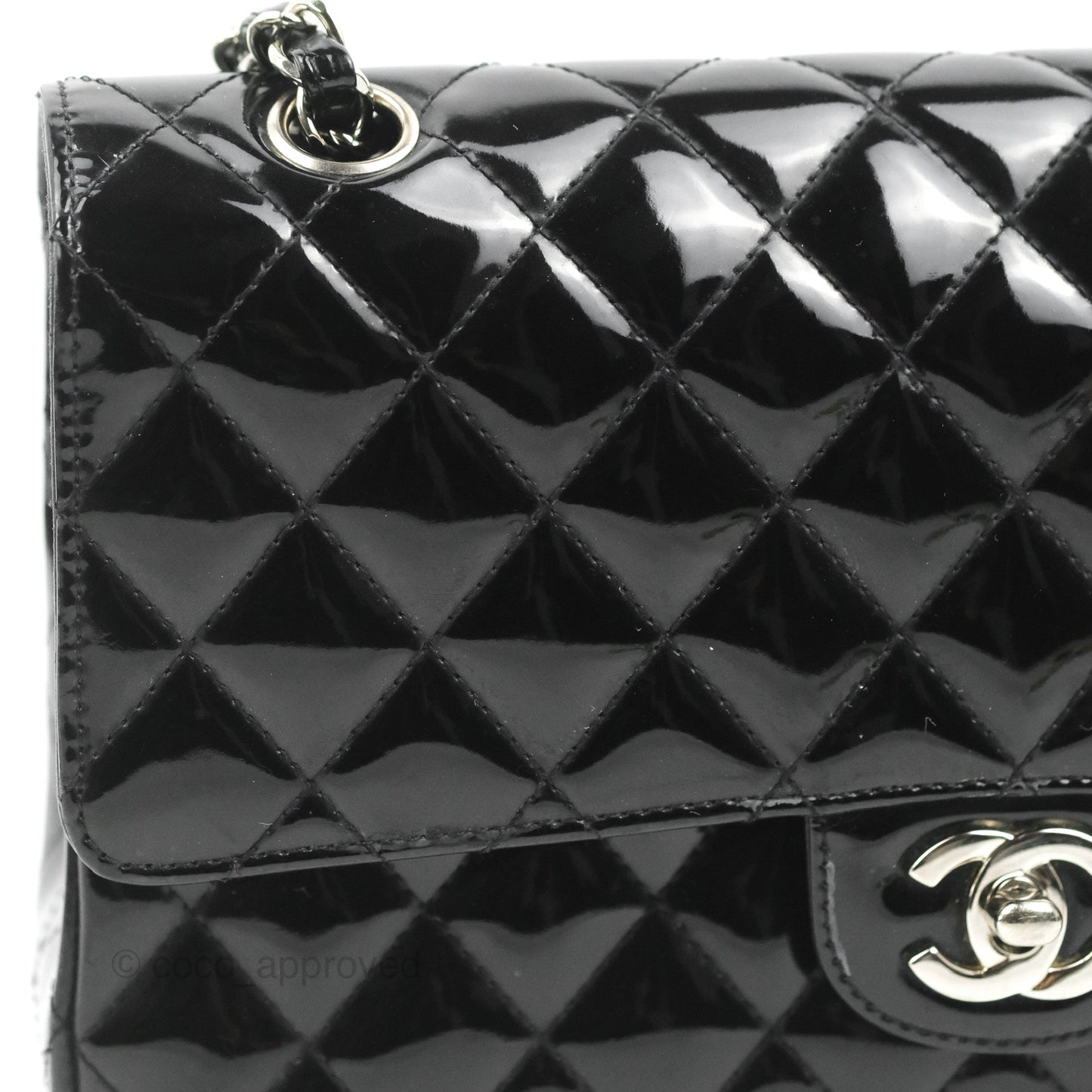 Chanel Classic M/L Medium Flap Quilted Black Patent Silver Hardware