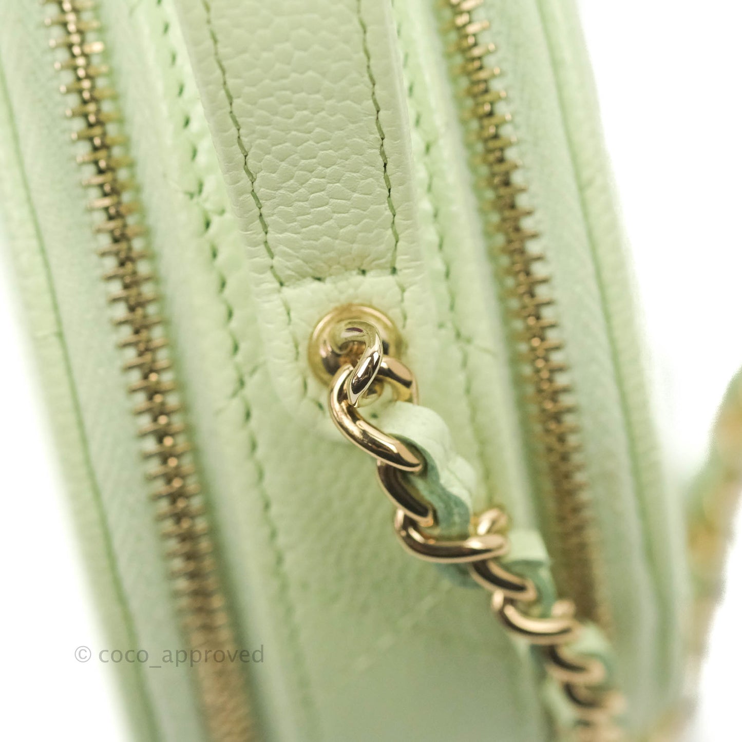 Chanel Mini Round Vanity Bag Handle With Care Light Green Caviar 22C