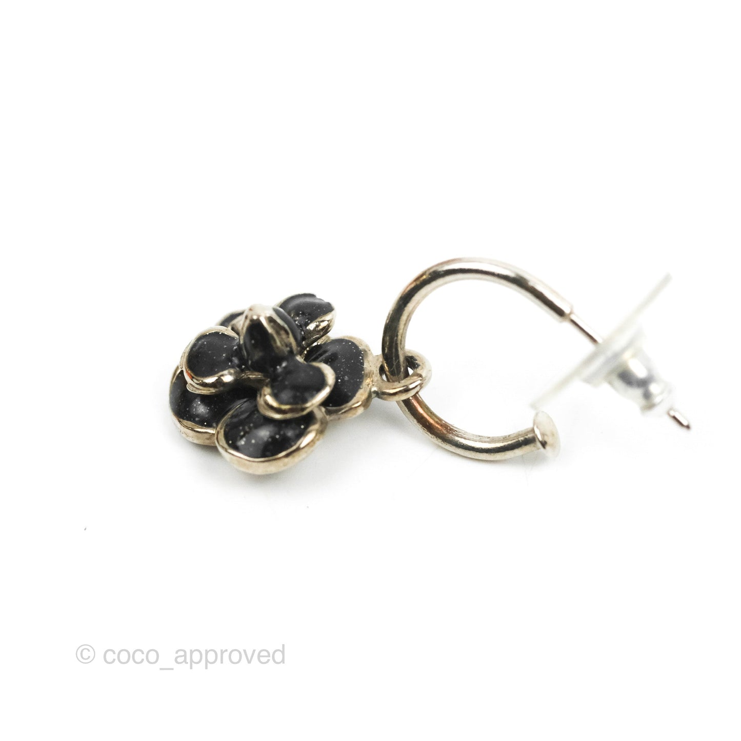Chanel Black Camellia Drop Hoop Earrings Silver Tone 08P
