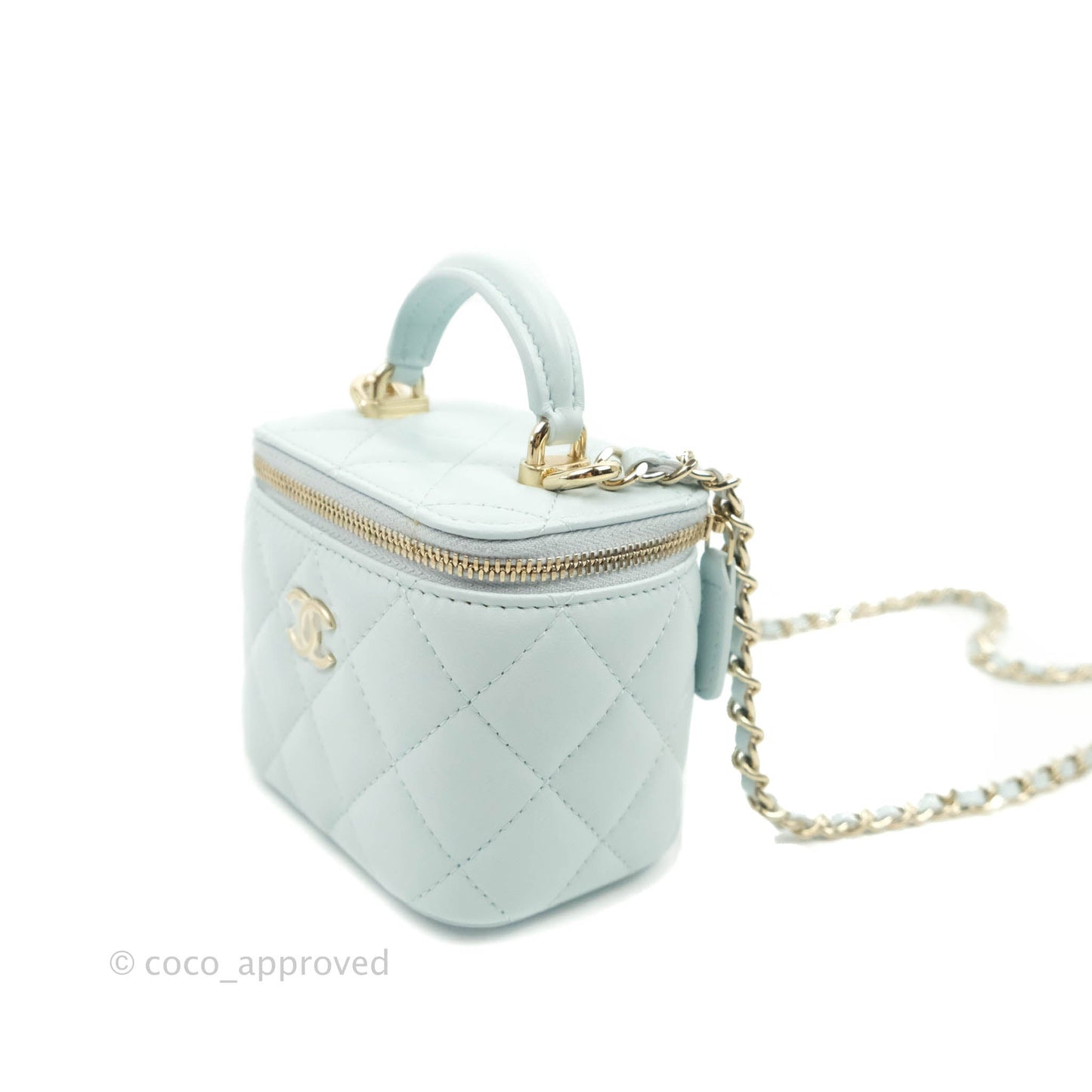 Chanel Mini Top Handle Vanity With Chain Light Blue Lambskin Gold Hardware