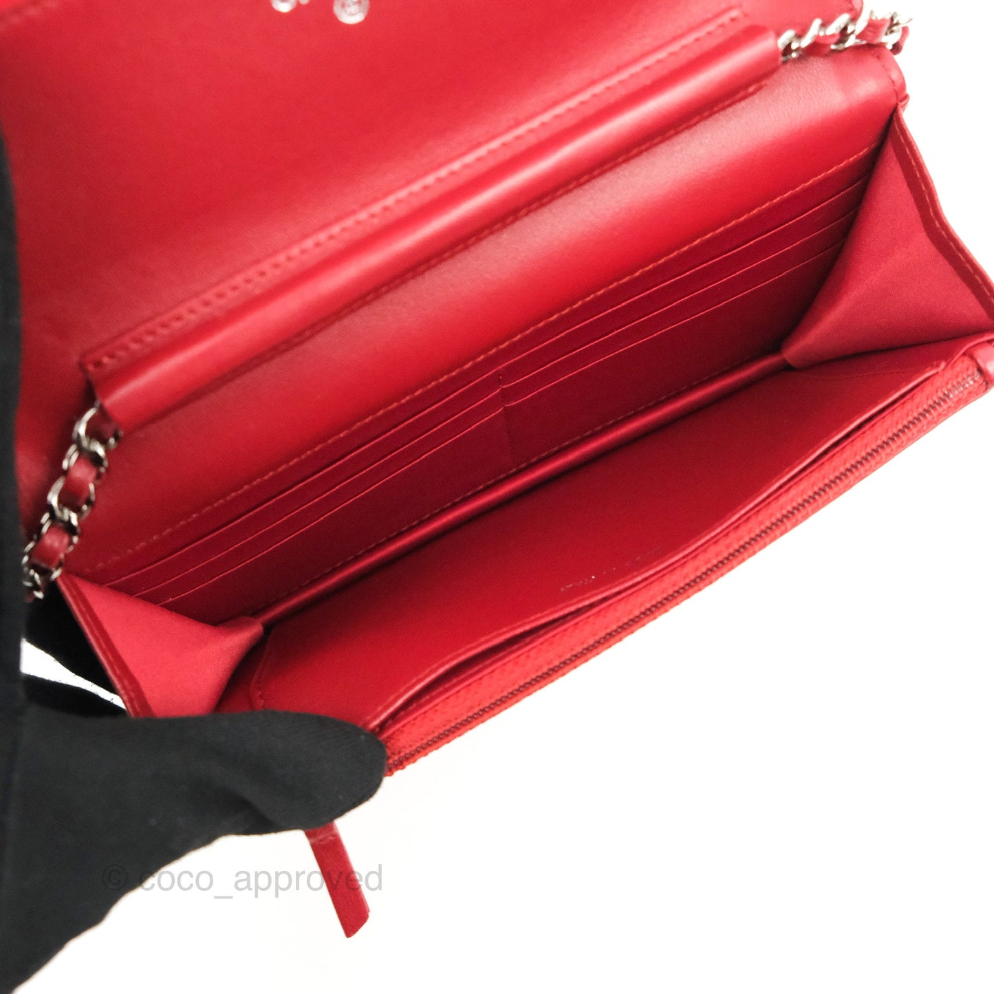 Chanel Camellia Embossed Wallet On Chain WOC Red Lambskin Silver Hardware