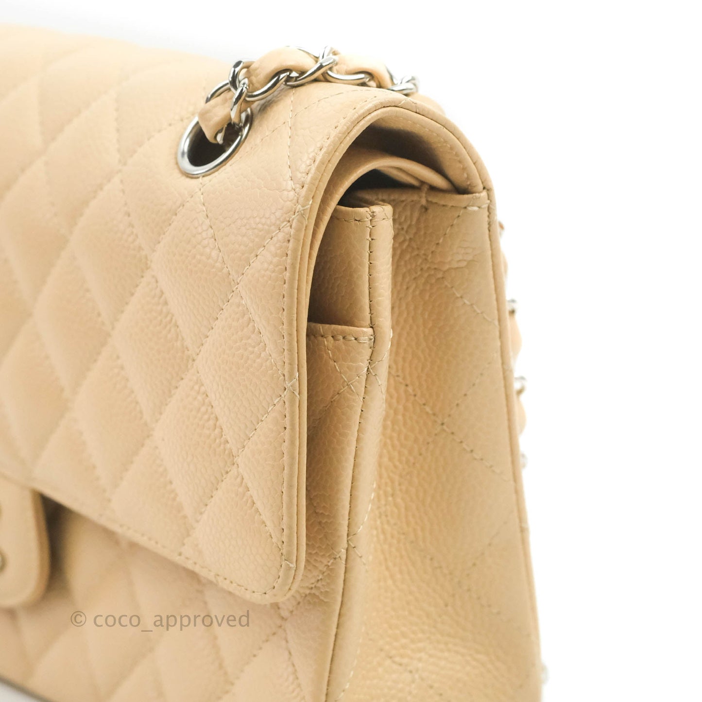 Chanel Classic M/L Medium Flap Quilted Beige Caviar Silver Hardware