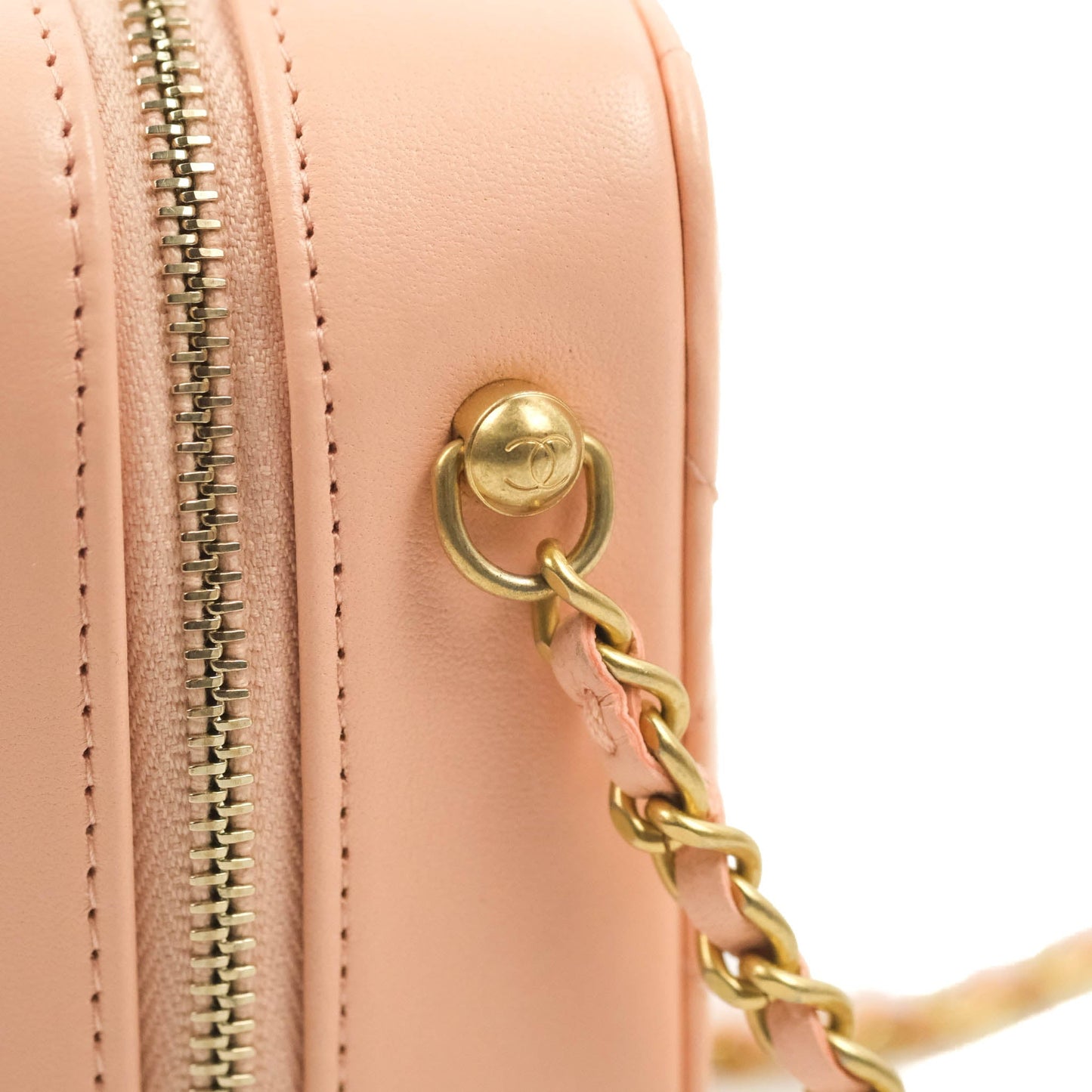 Chanel Mini Pearl Crush Quilted Camera Case Beige Pink Lambskin Aged Gold Hardware
