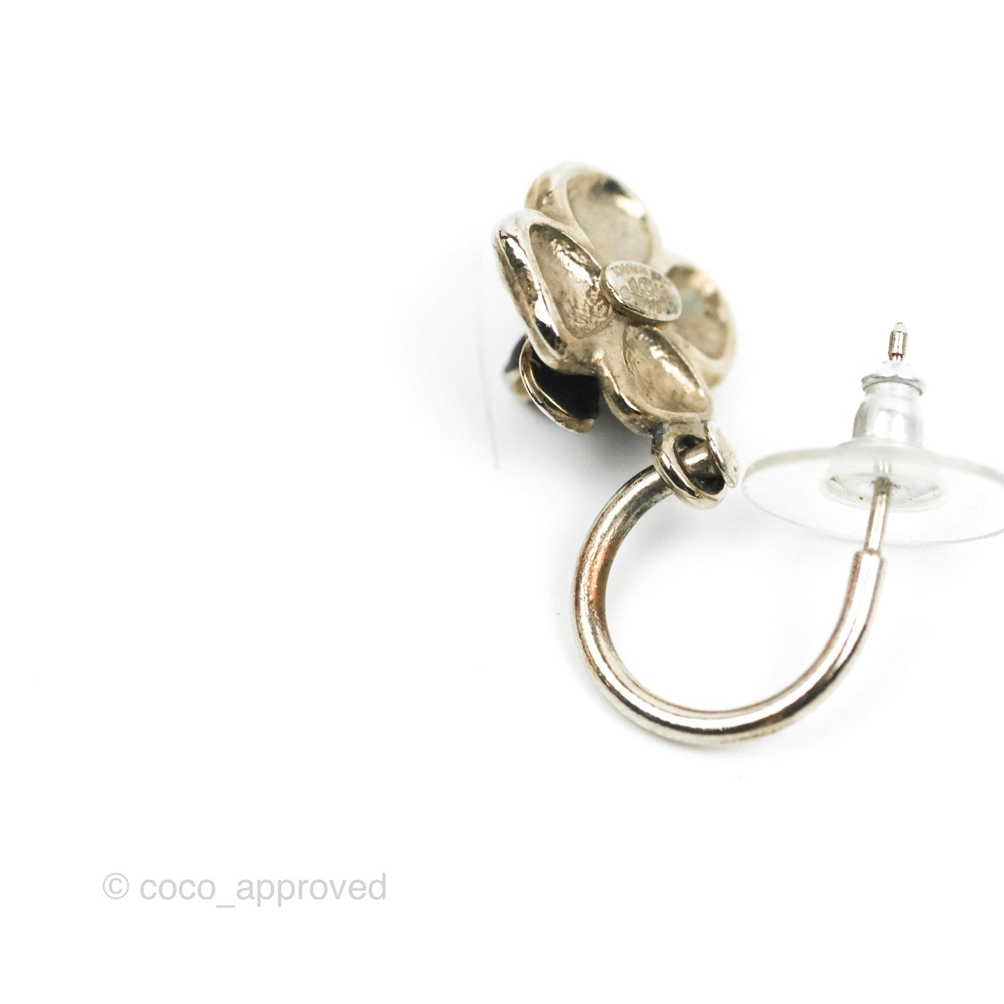 Chanel Black Camellia Drop Hoop Earrings Silver Tone 08P