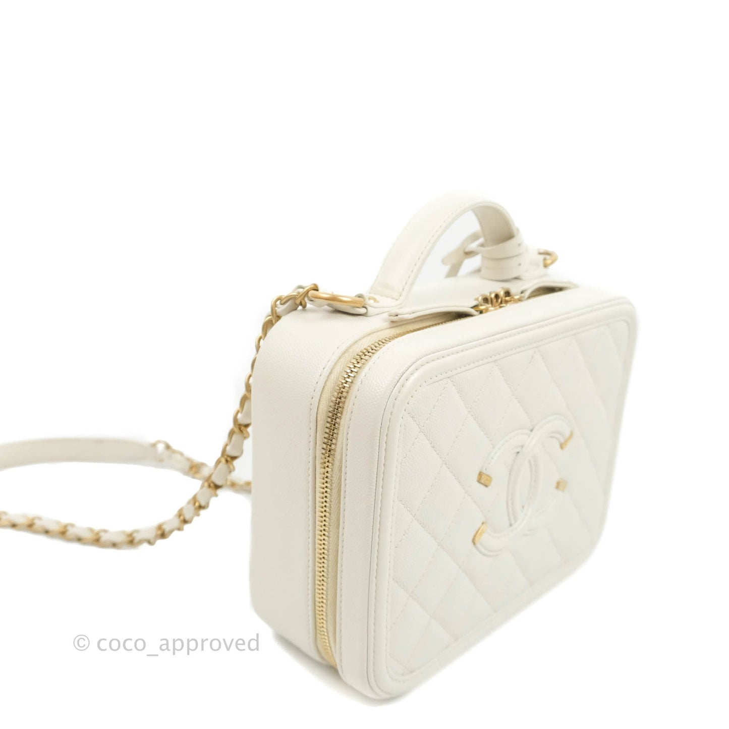 Chanel Quilted Medium CC Filigree Vanity Case White Caviar Aged Gold Hardware