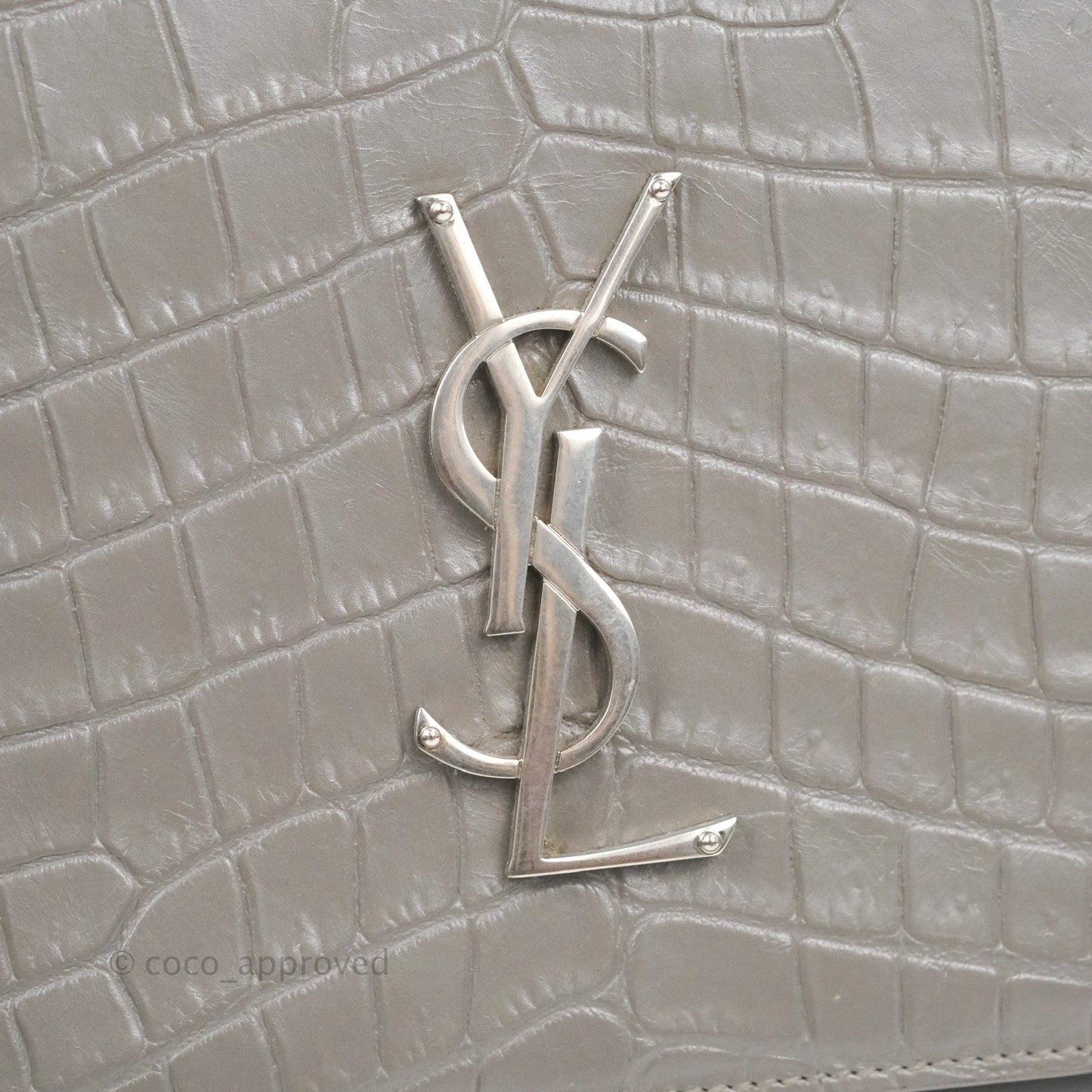 Saint Laurent Clutch Bag Grey Croc-Embossed Silver Hardware