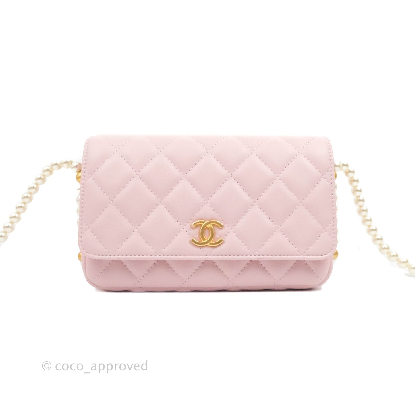Chanel Quilted Wallet On Chain WOC With Pearl Chain Pink Aged Gold Hardware