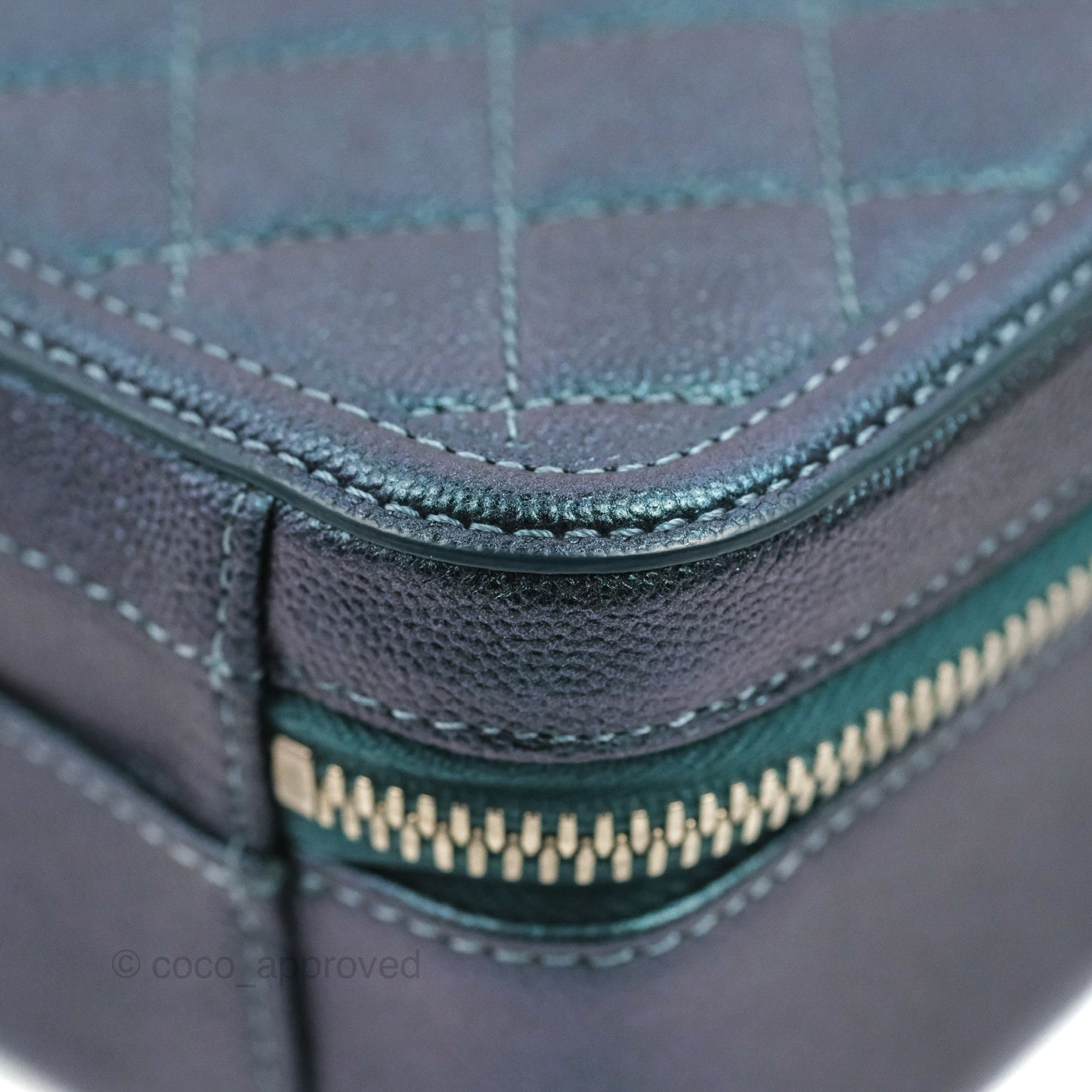 Chanel Quilted Medium CC Filigree Vanity Case Iridescent Dark Turquoise Caviar Rainbow Hardware
