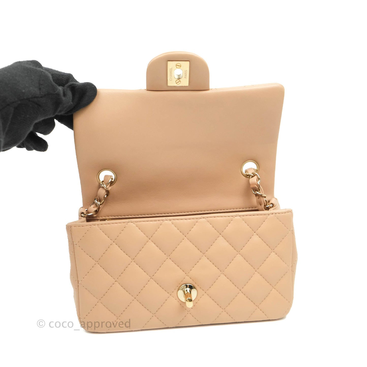 Chanel Quilted Mini Rectangular Flap Beige Lambskin Gold Hardware