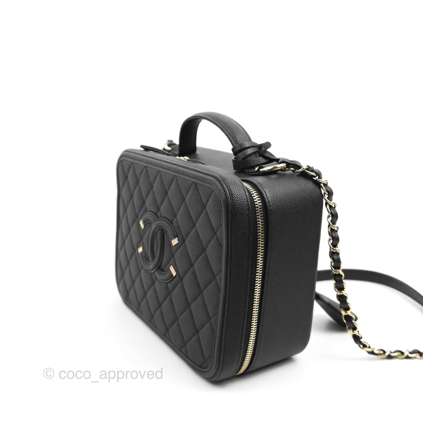 Chanel Quilted Large CC Filigree Vanity Case Black Caviar Gold Hardware