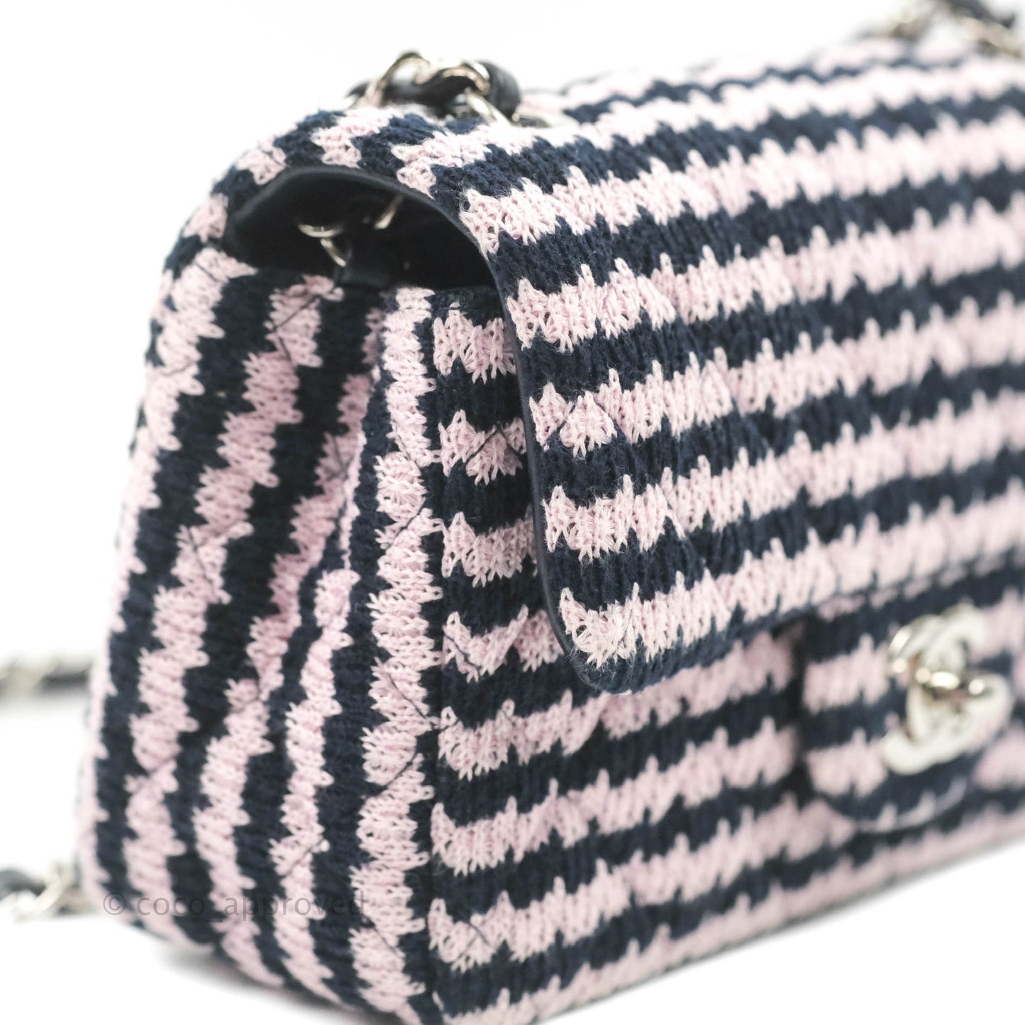 Chanel Mini Rectangular Flap Bag Navy Pink Striped Tweed Silver Hardware