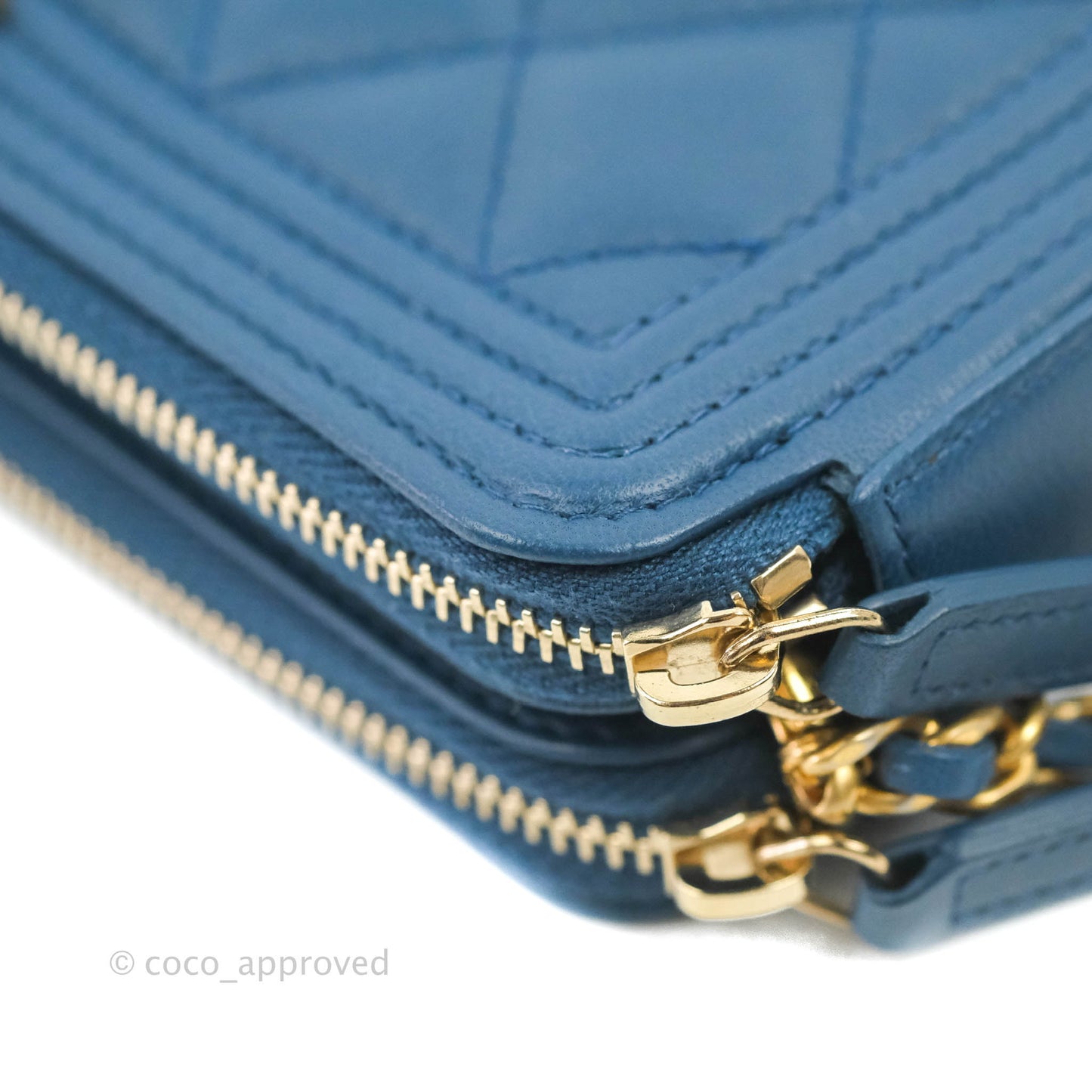 Chanel Boy Double Zip Clutch On Chain Blue Lambskin Aged Gold Hardware