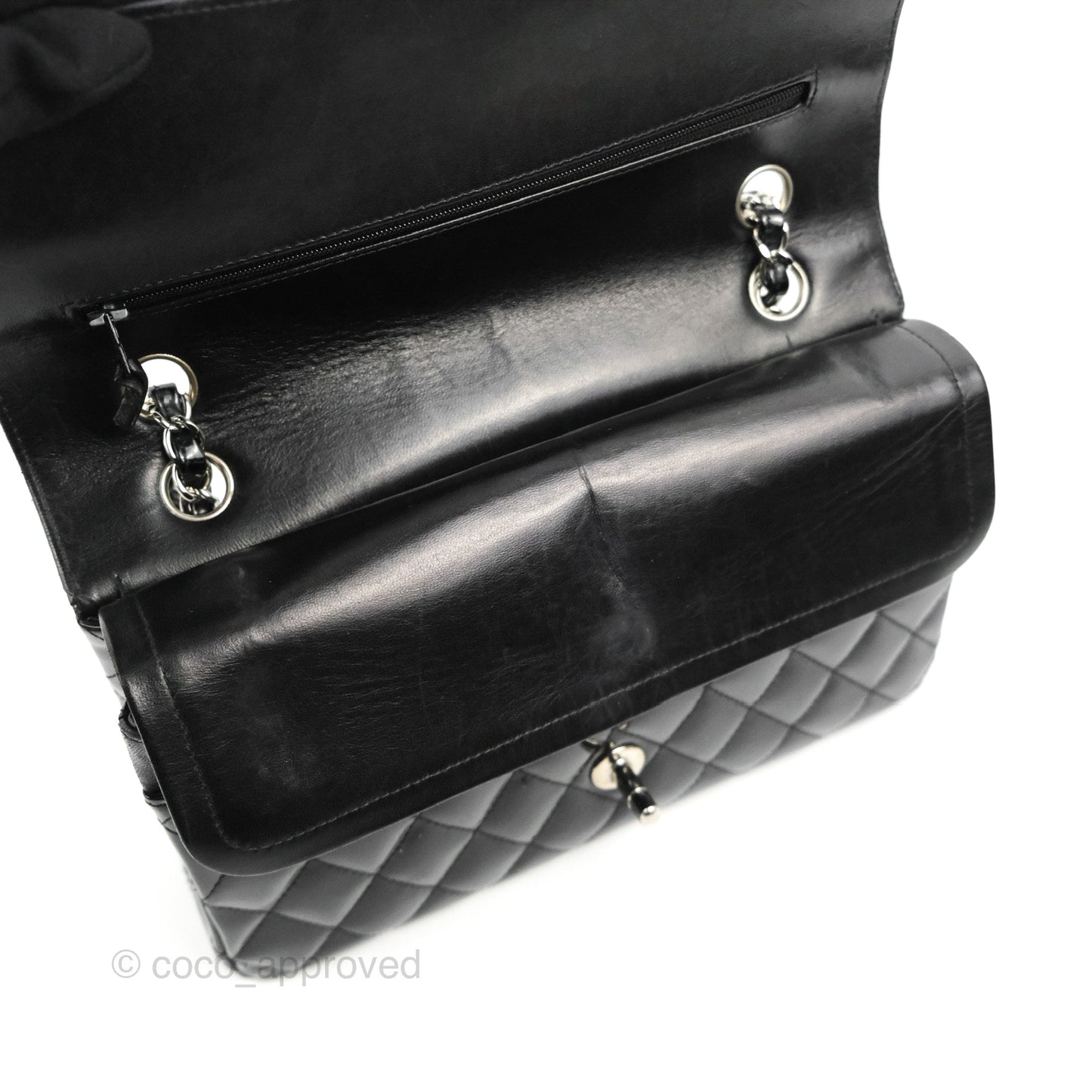 Chanel Classic M/L Medium Flap Quilted Black Patent Silver Hardware