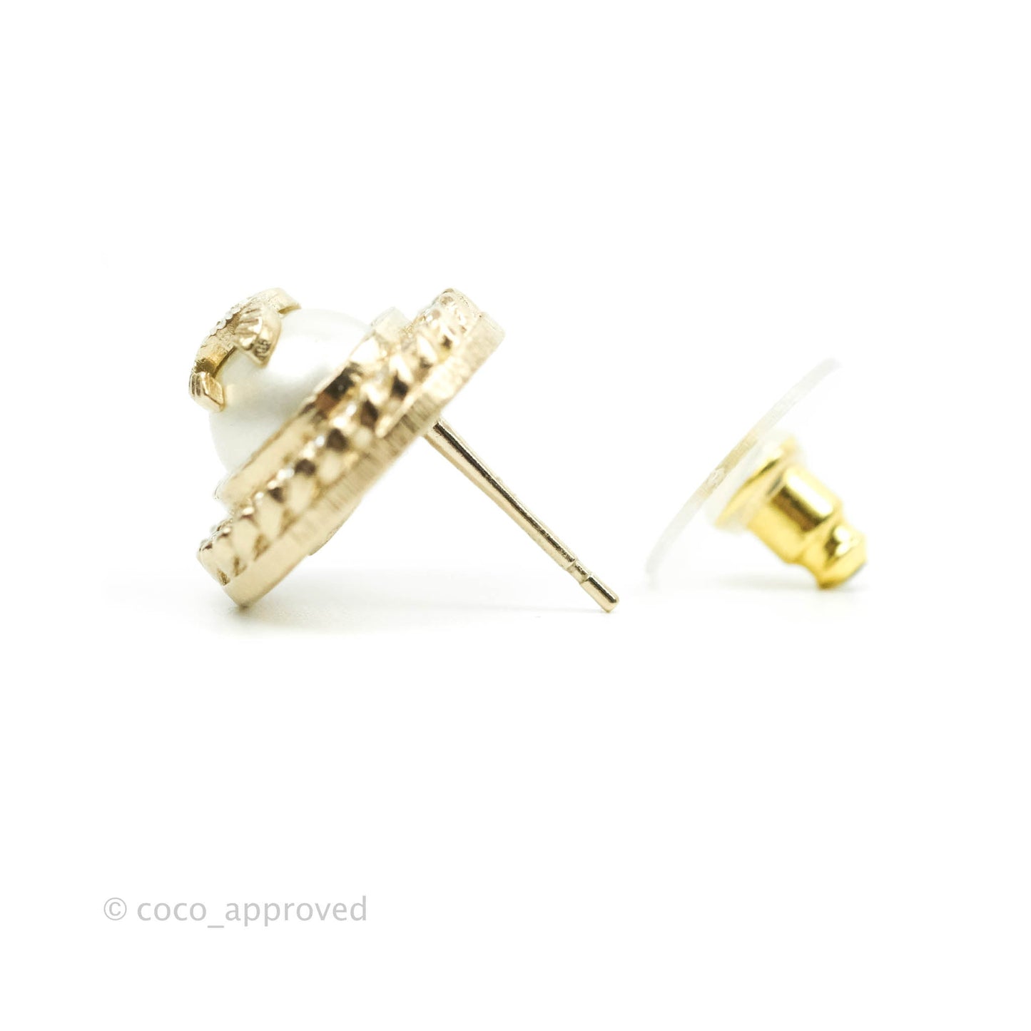 Chanel CC Pearl Crystal Round Earrings Gold Tone 21B