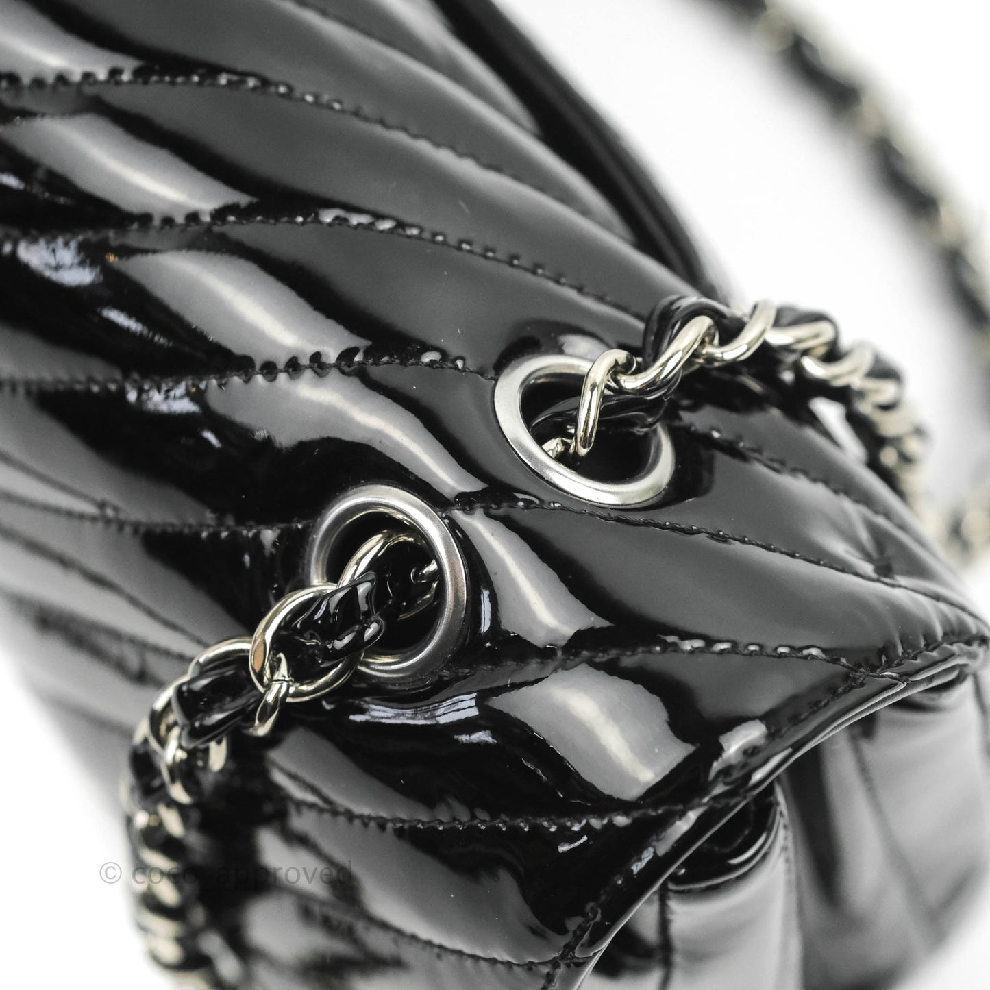 Chanel Classic M/L Medium Chevron Double Flap Black Patent Silver Hardware