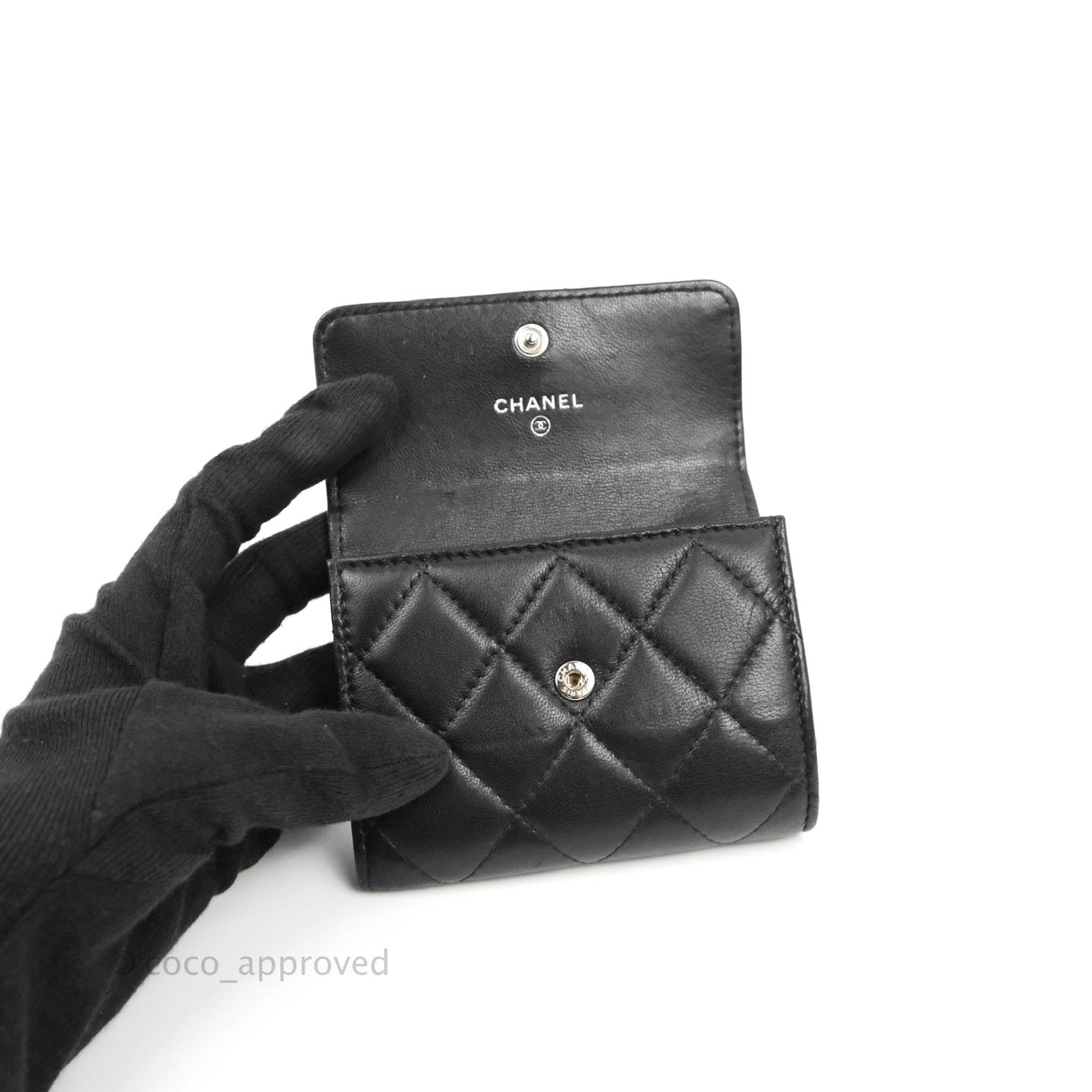 Chanel Quilted Small Flap Card Holder Black Lambskin Silver Hardware