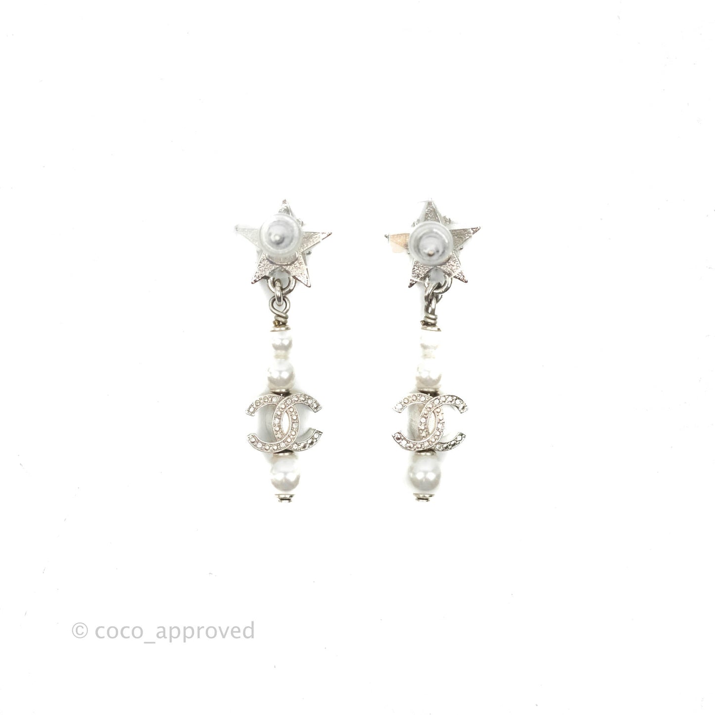 Chanel Crystal Pearl CC Star Drop Earrings Silver