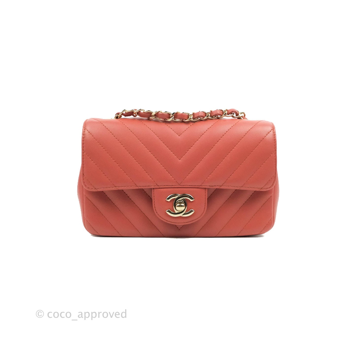 Chanel Chevron Mini Rectangular Flap Brick Red Lambskin Aged Gold Hardware