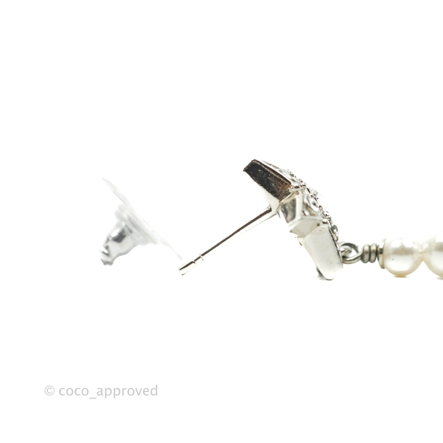 Chanel Crystal Pearl CC Star Drop Earrings Silver