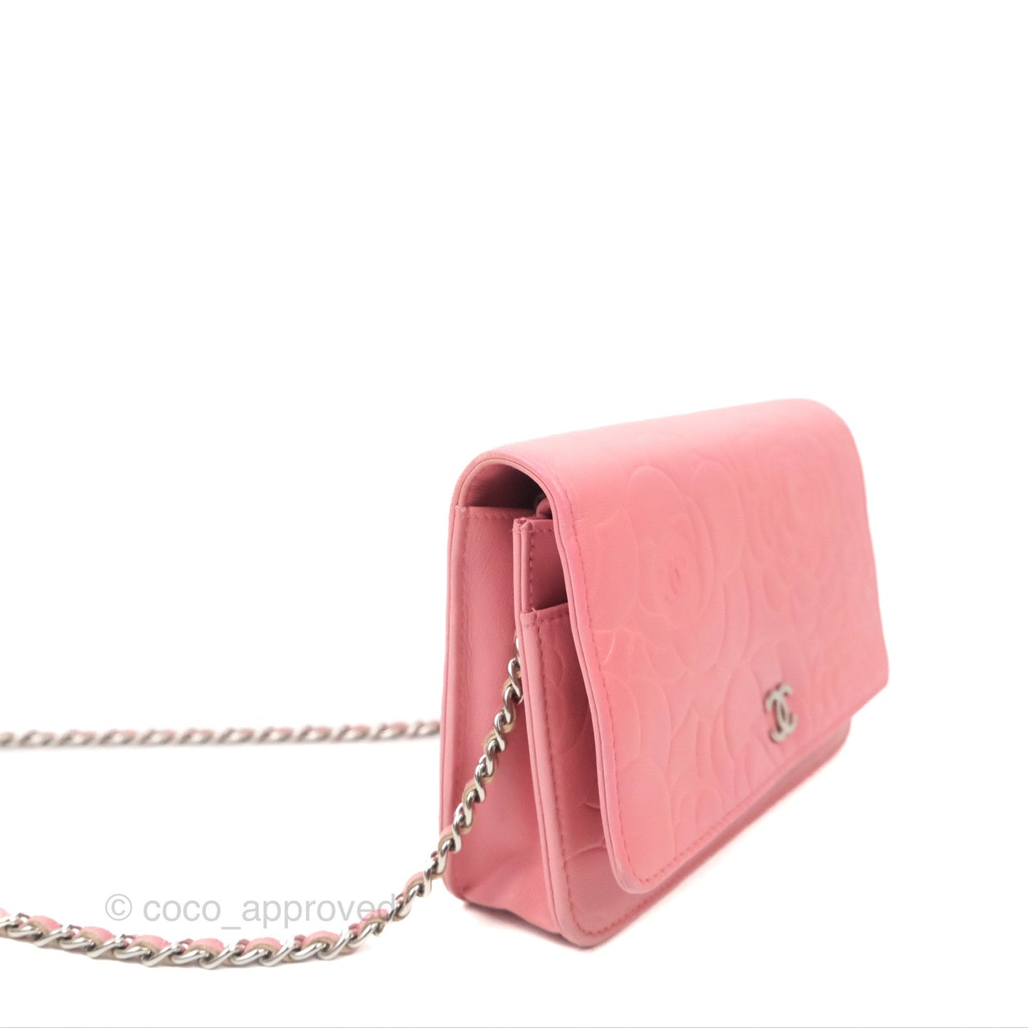 Chanel Camellia Embossed Wallet On Chain WOC Pink Lambskin Silver Hardware