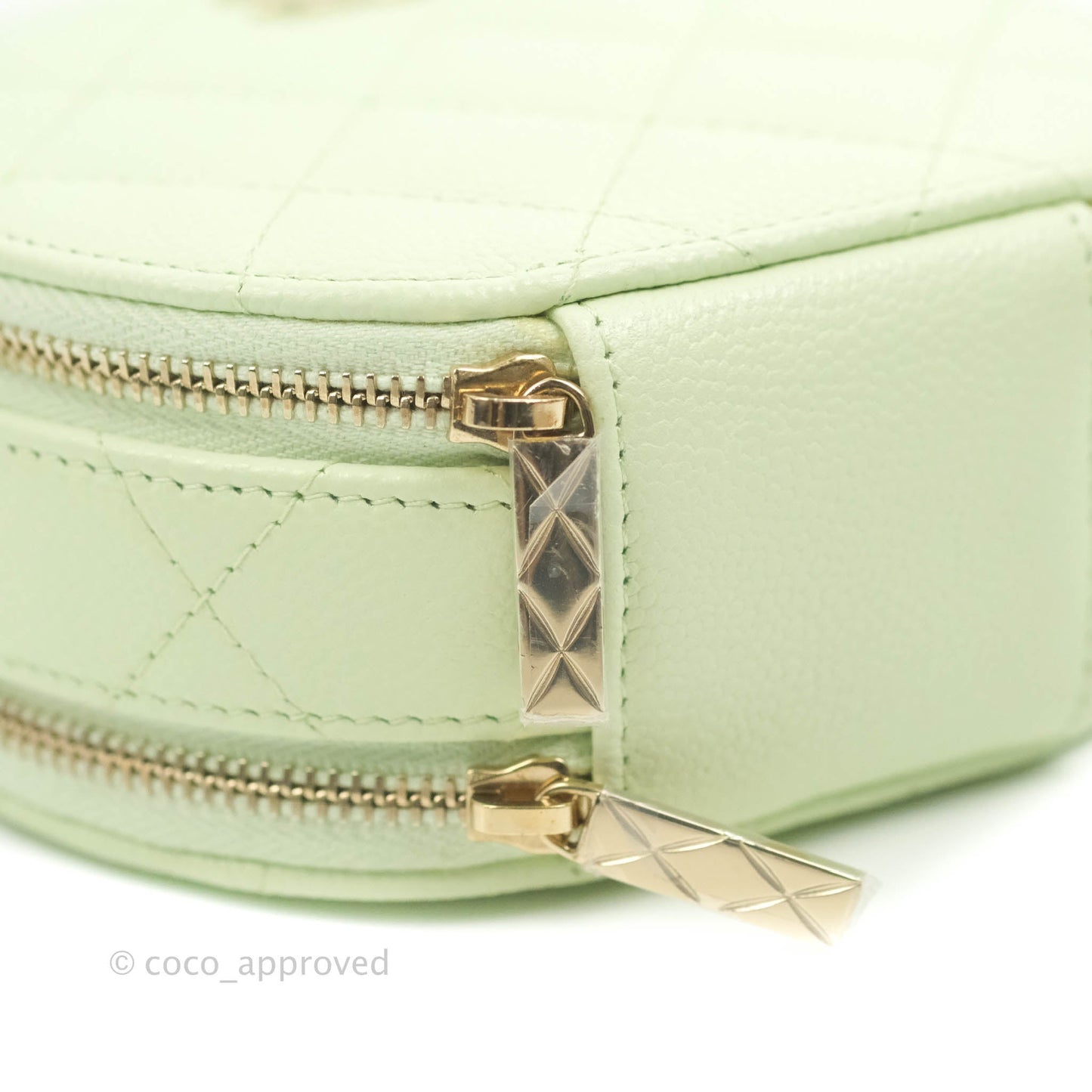 Chanel Mini Round Vanity Bag Handle With Care Light Green Caviar 22C