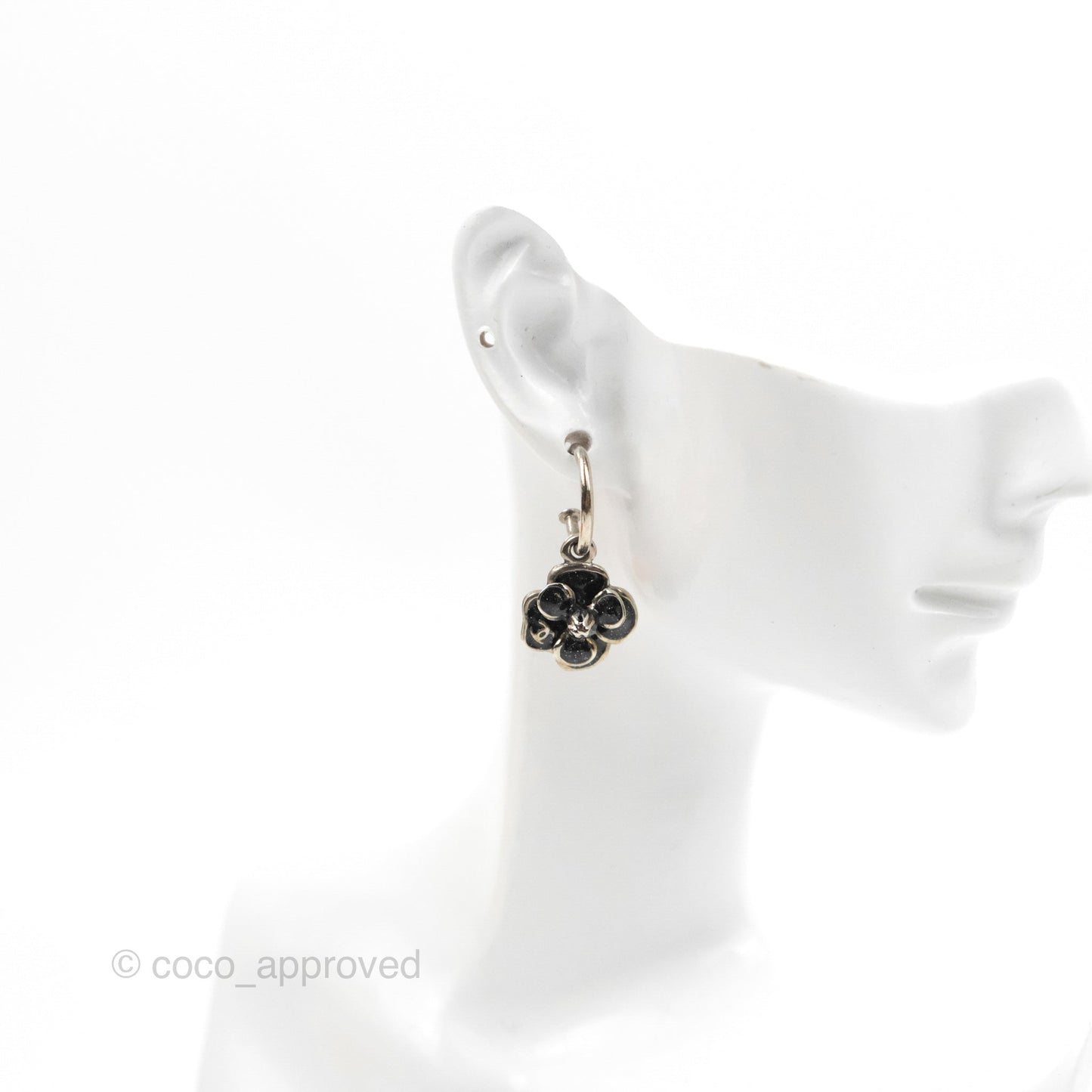Chanel Black Camellia Drop Hoop Earrings Silver Tone 08P