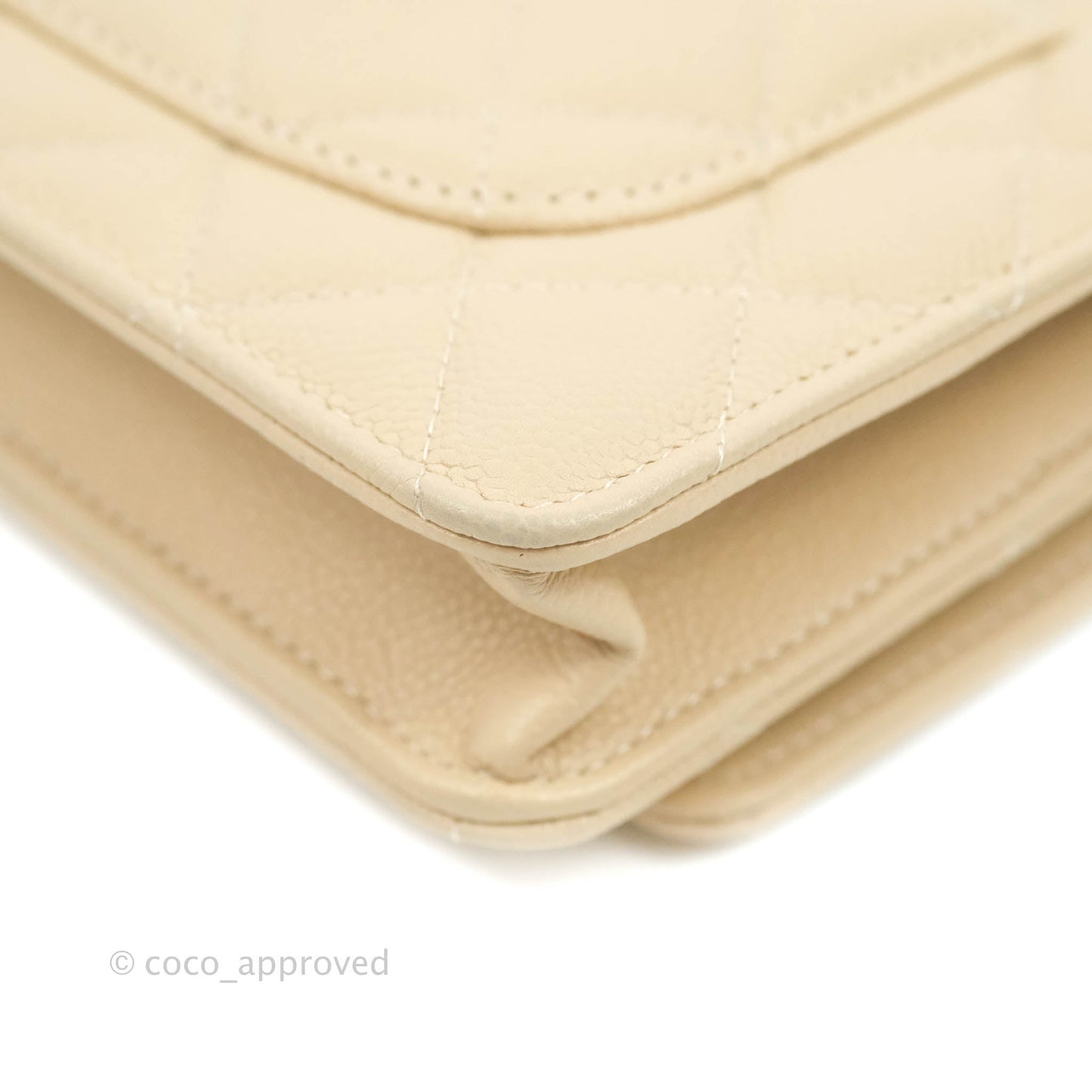 Chanel Quilted Wallet on CC Chain WOC Beige Caviar Gold Hardware