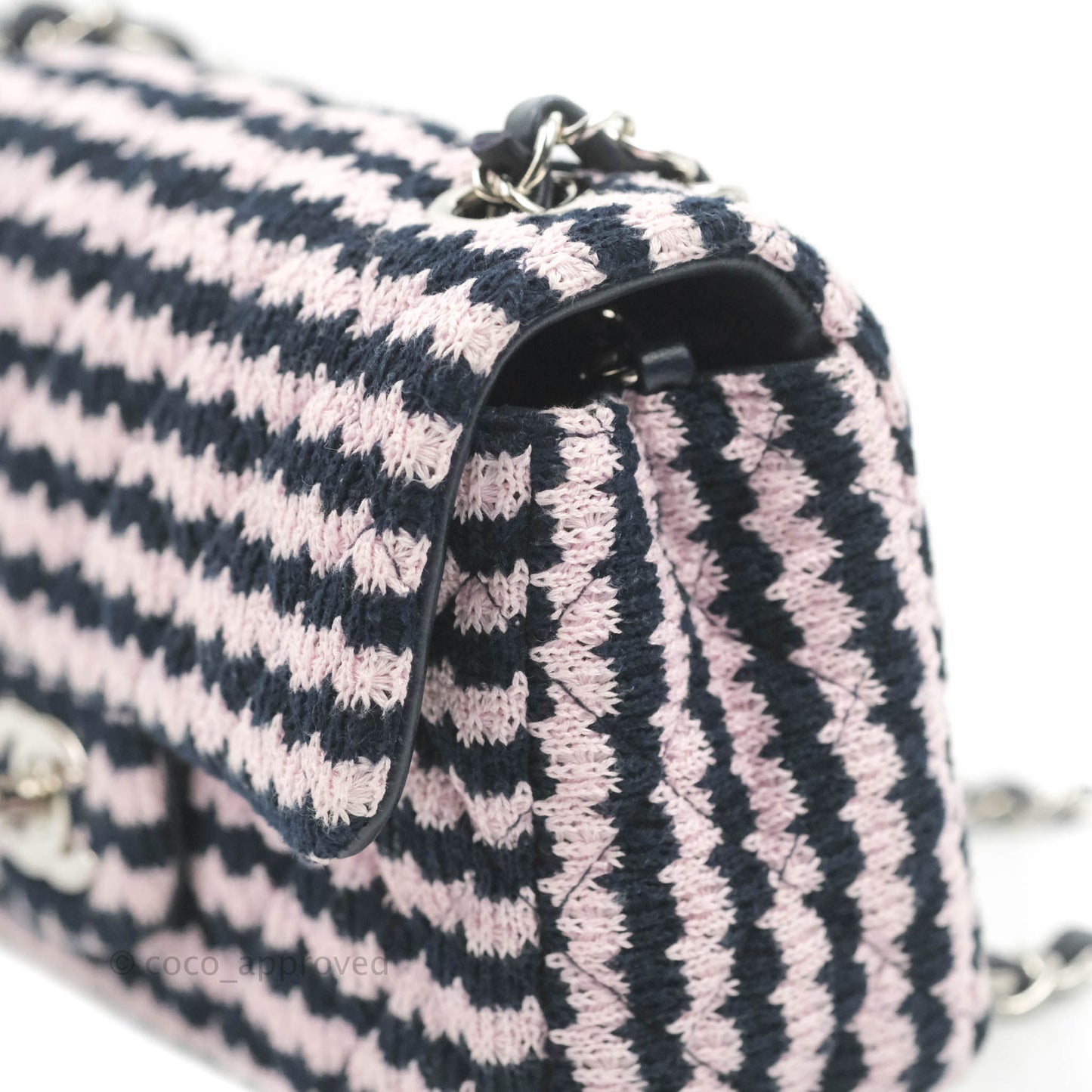 Chanel Mini Rectangular Flap Bag Navy Pink Striped Tweed Silver Hardware