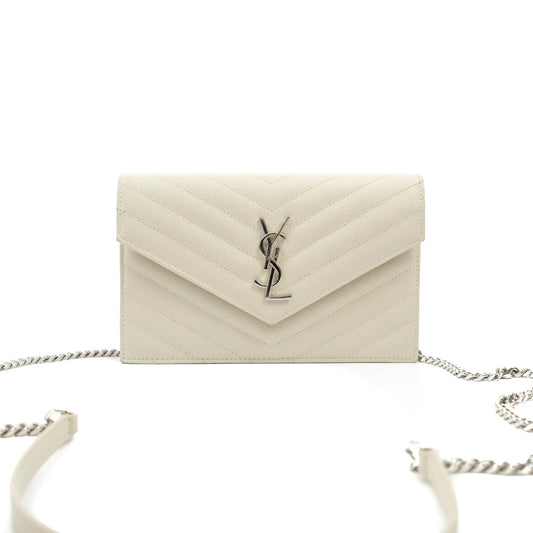 Saint Laurent Wallet on Chain White Grained Leather Silver Hardware