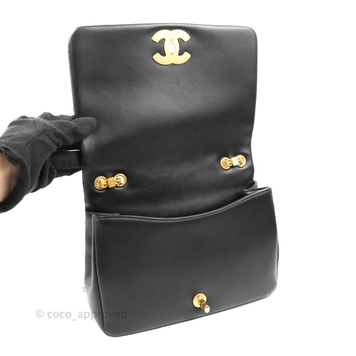 Chanel Large Flap Bag With Woven CC Logo Black Lambskin Gold Hardware 22C