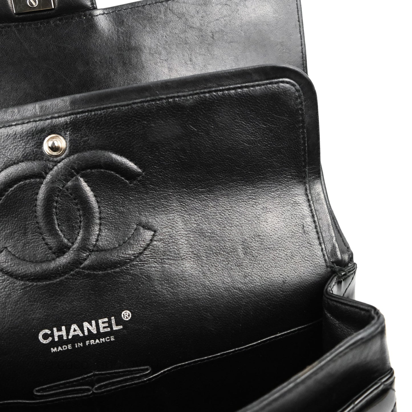 Chanel Classic M/L Medium Flap Quilted Black Patent Silver Hardware