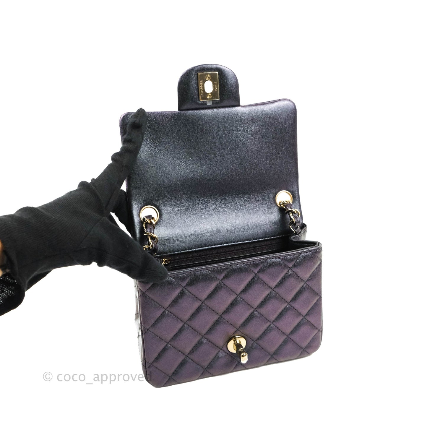 Chanel Mini Square Quilted Iridescent Purple Lambskin Gold Hardware