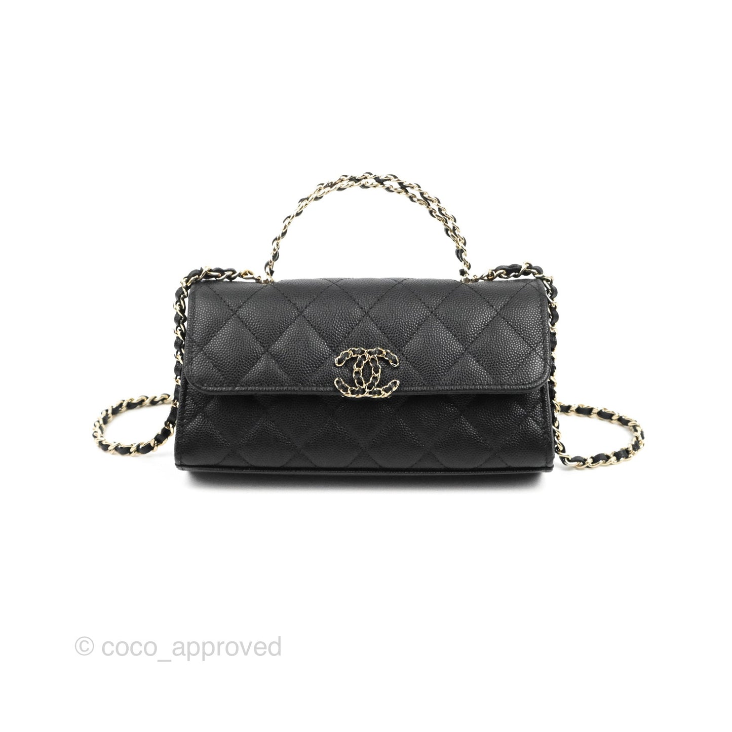 Chanel Top Handle Clutch with Chain Black Caviar Light Gold Hardware 23P