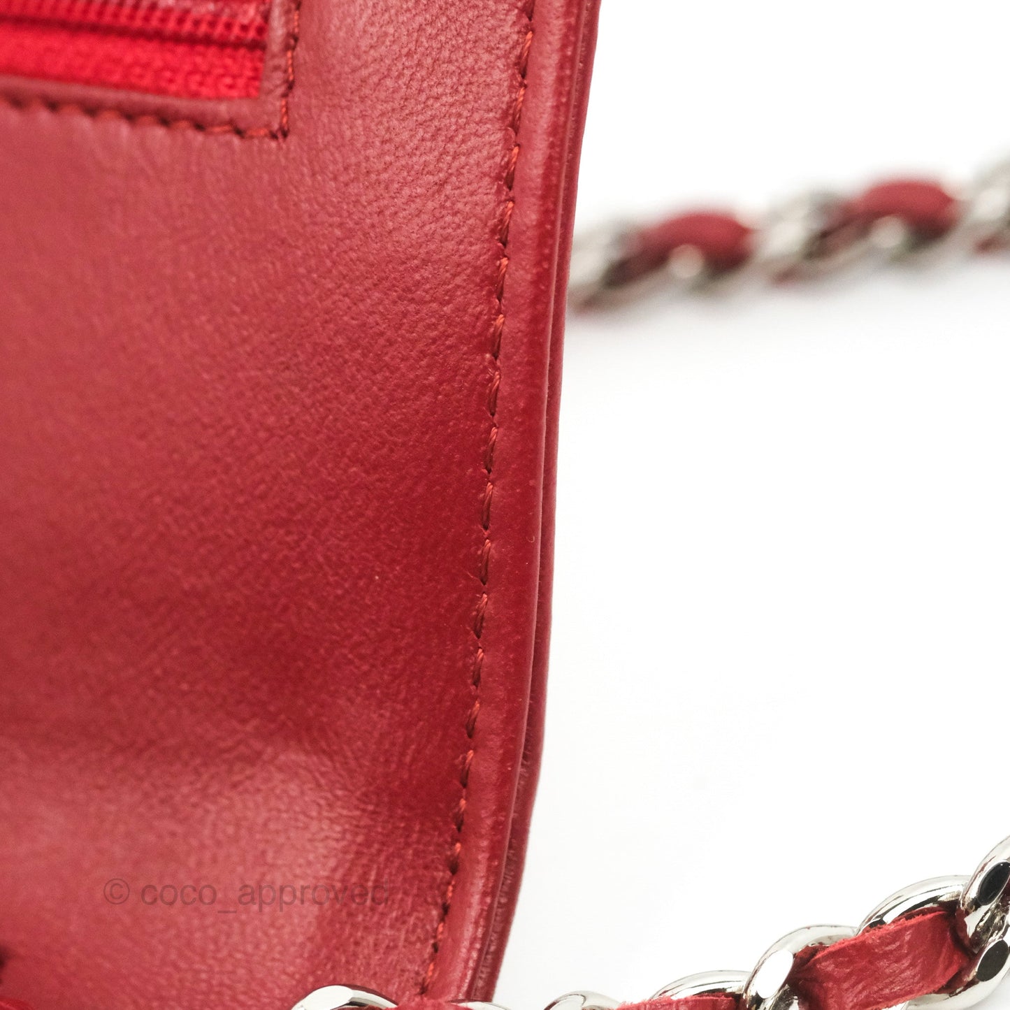 Chanel Camellia Embossed Wallet On Chain WOC Red Lambskin Silver Hardware