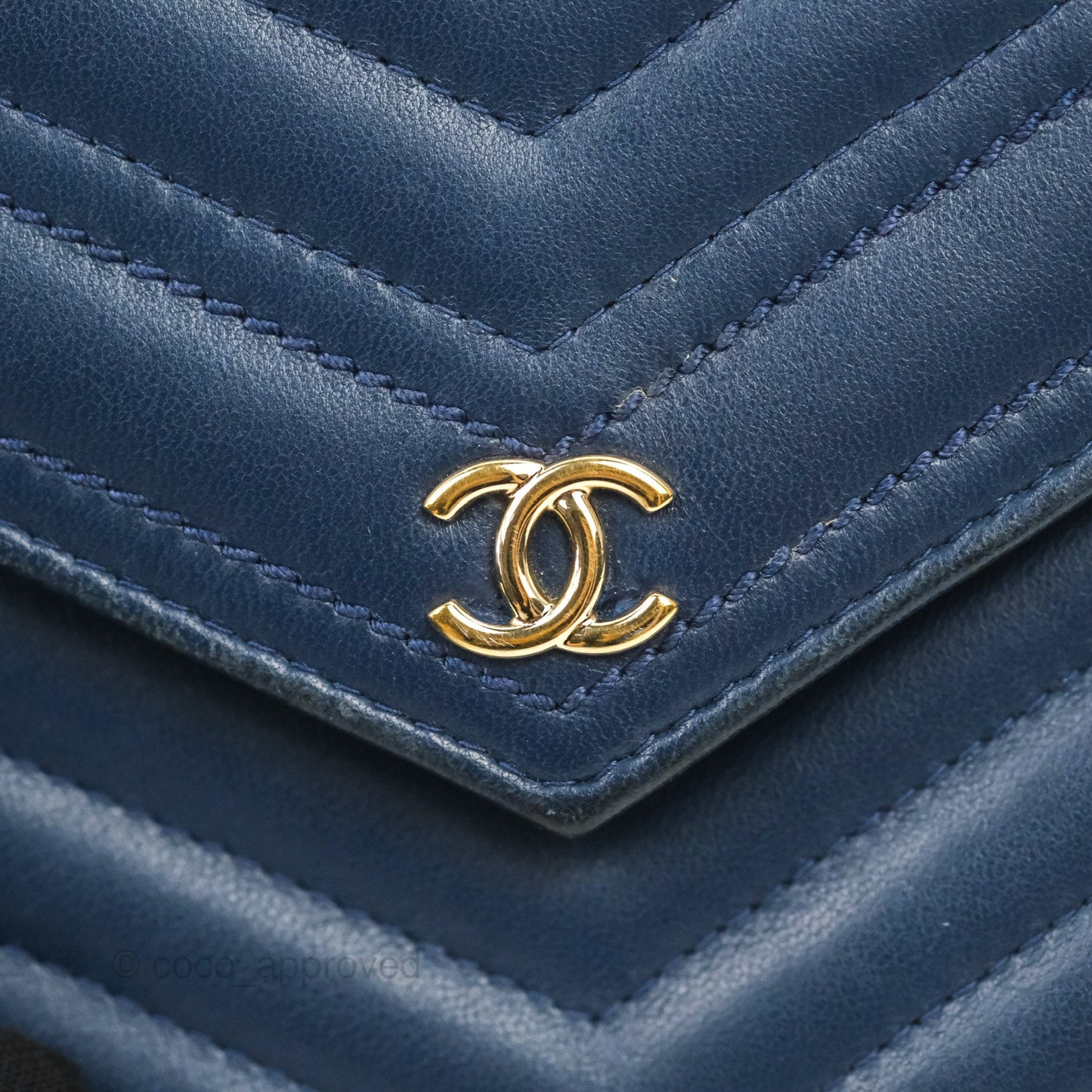 Chanel Square WOC Wallet On Chain Blue Lambskin Chevron Gold Hardware