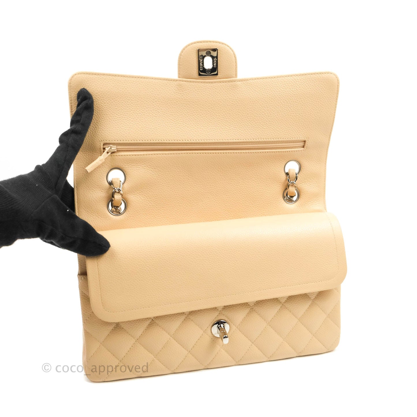 Chanel Classic M/L Medium Flap Quilted Beige Caviar Silver Hardware