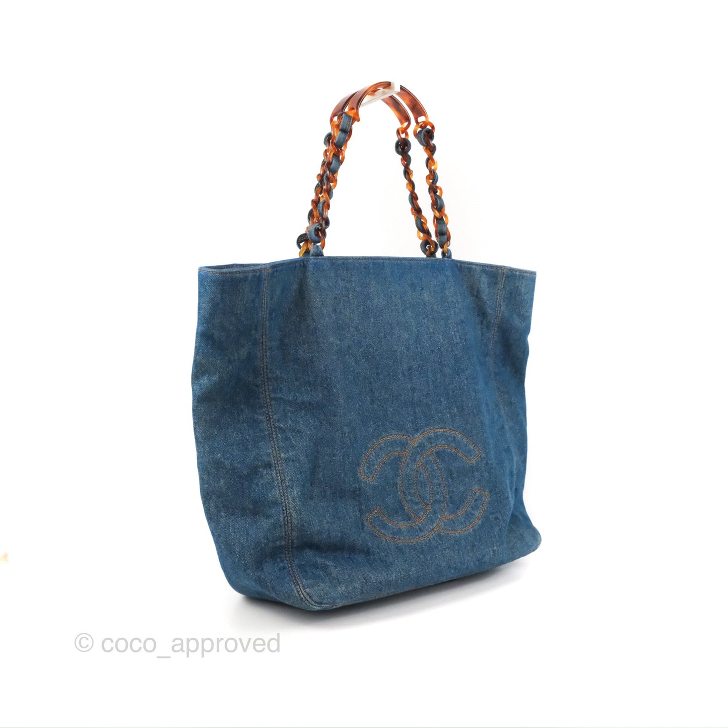 Chanel Large CC Tote Bag Blue Denim Tortoiseshell Bakelite Handle