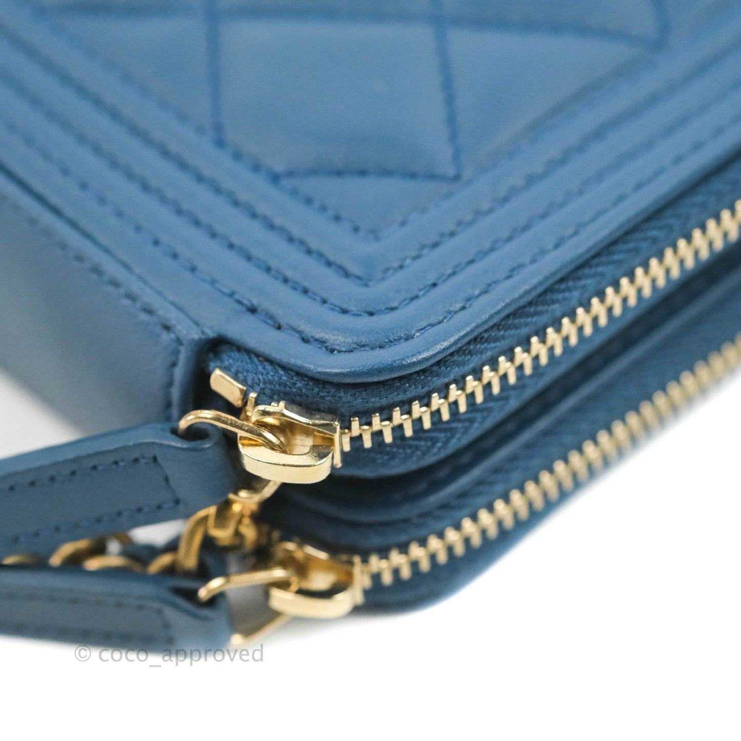 Chanel Boy Double Zip Clutch On Chain Blue Lambskin Aged Gold Hardware