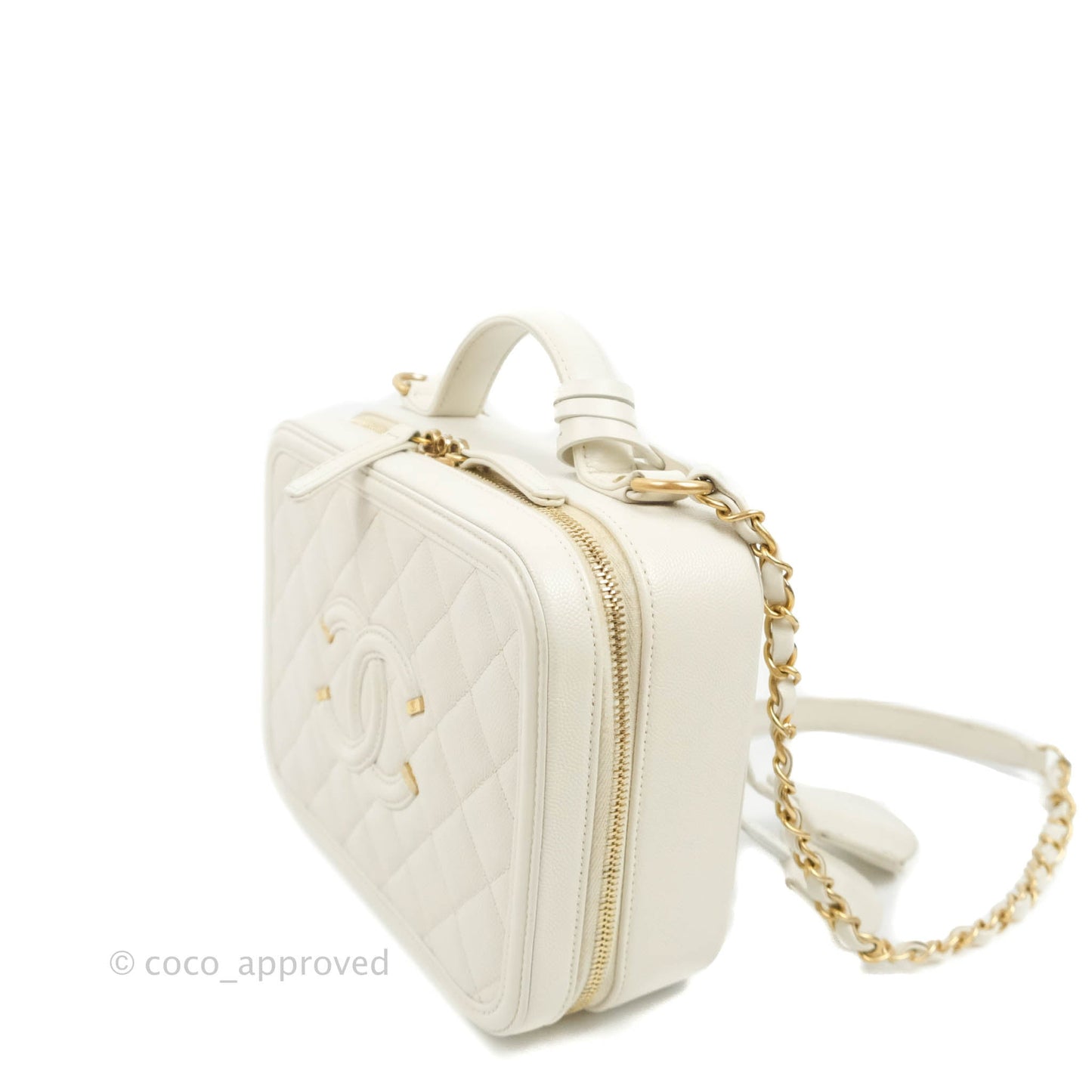 Chanel Quilted Medium CC Filigree Vanity Case White Caviar Aged Gold Hardware