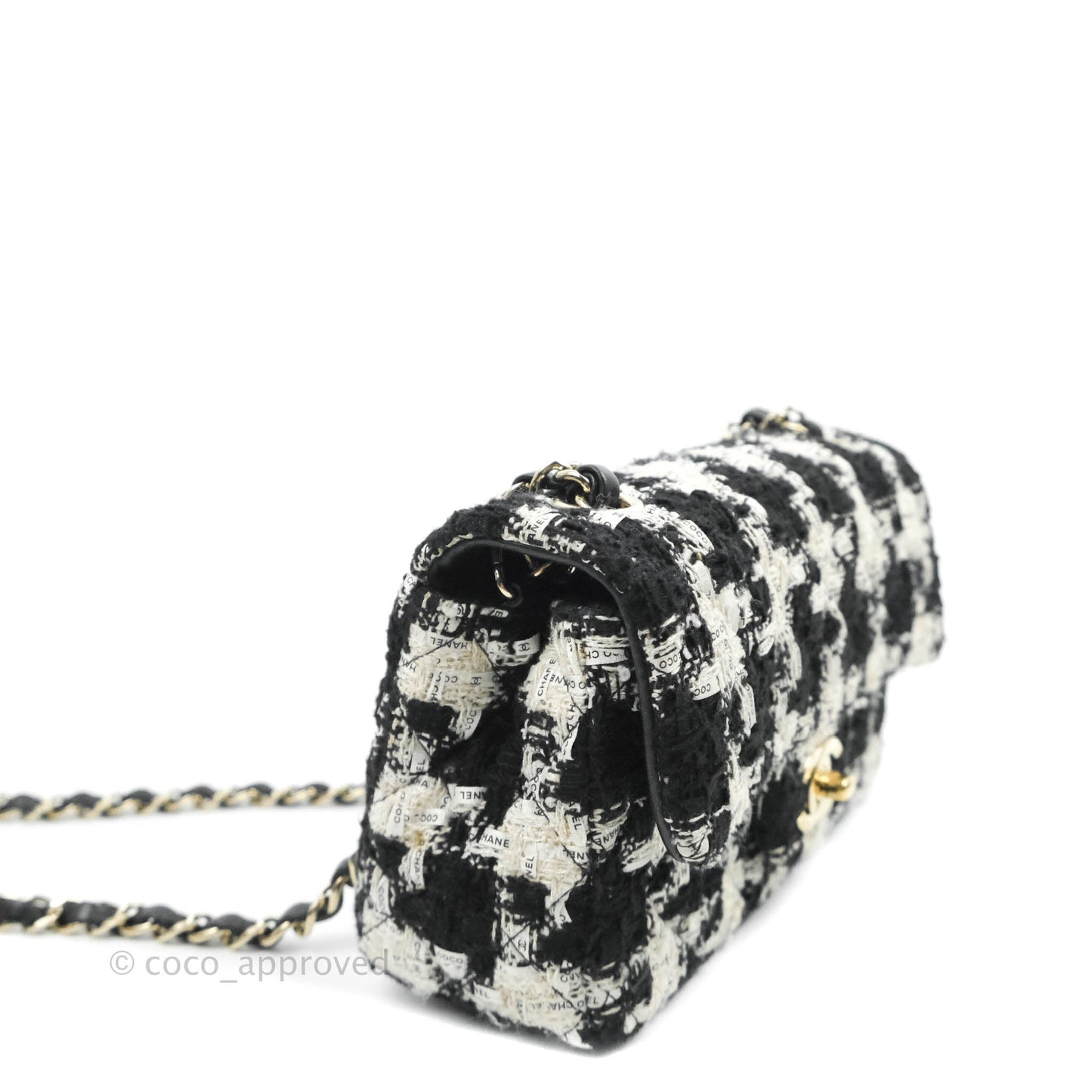 Chanel Quilted Mini Rectangular Flap Tweed Houndstooth Black & White Gold Hardware