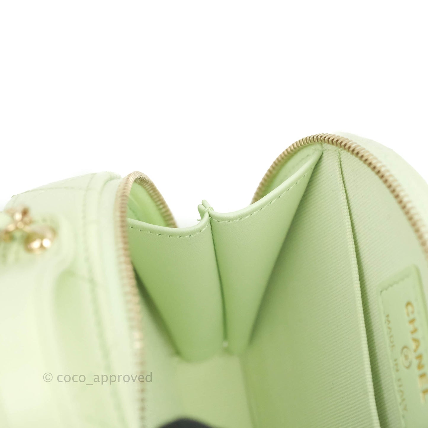 Chanel Mini Round Vanity Bag Handle With Care Light Green Caviar 22C