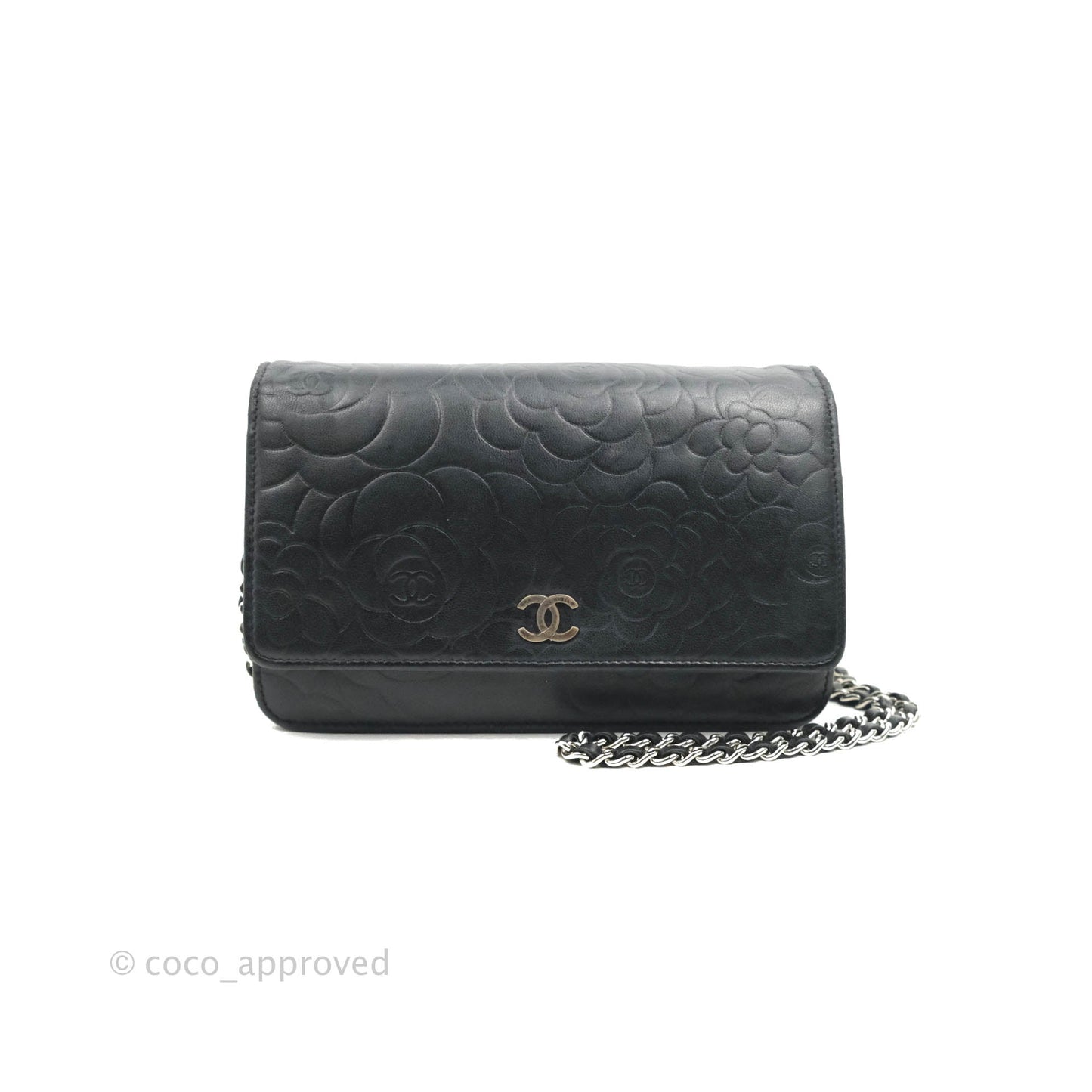 Chanel Camellia Wallet on Chain WOC Black Lambskin Silver Hardware
