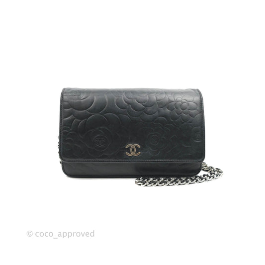 Chanel Camellia Wallet on Chain WOC Black Lambskin Silver Hardware