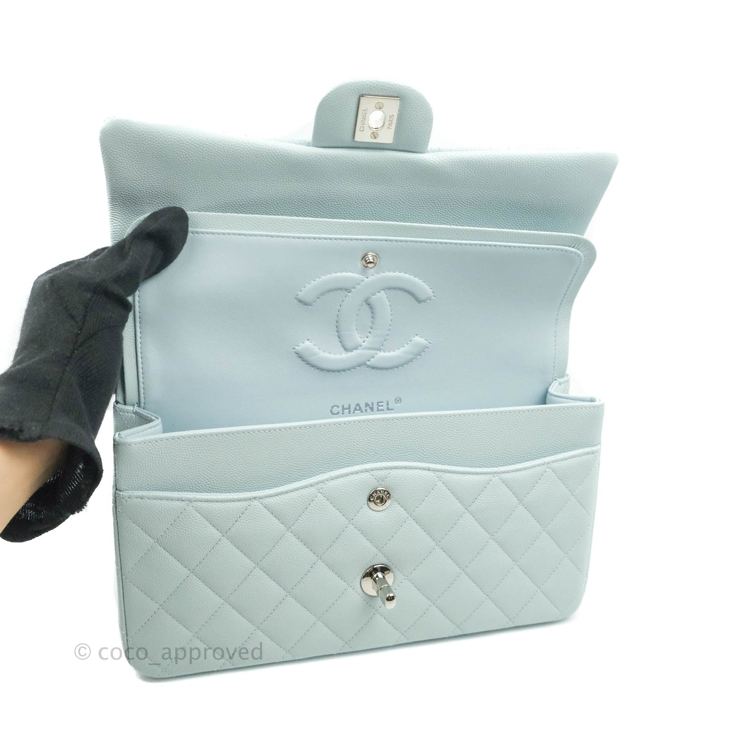 Chanel Classic M/L Medium Double Flap Blue Caviar Silver Hardware 21K