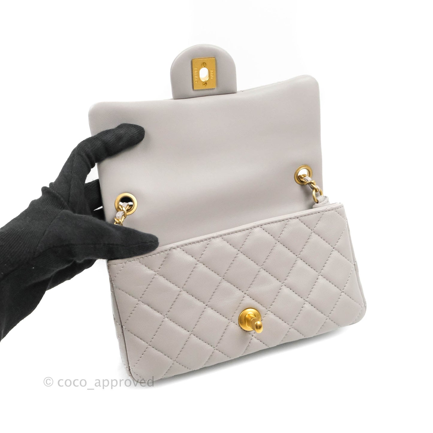 Chanel Mini Rectangular Pearl Crush Quilted Light Grey Lambskin Aged Gold Hardware 22B