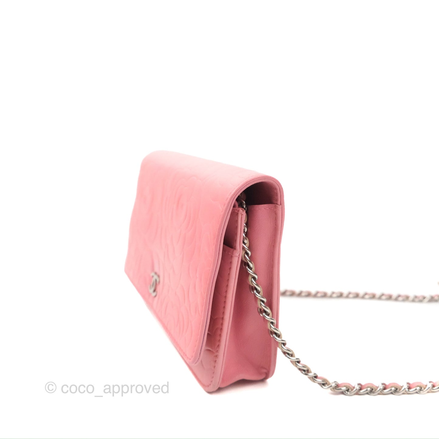 Chanel Camellia Embossed Wallet On Chain WOC Pink Lambskin Silver Hardware