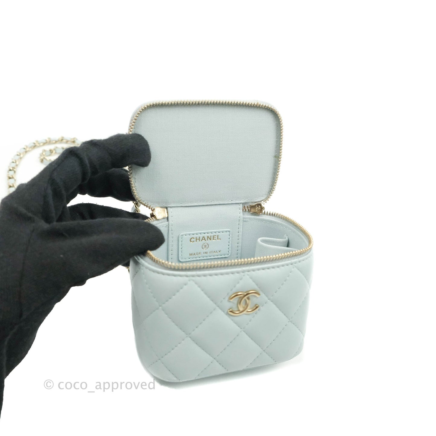 Chanel Mini Top Handle Vanity With Chain Light Blue Lambskin Gold Hardware