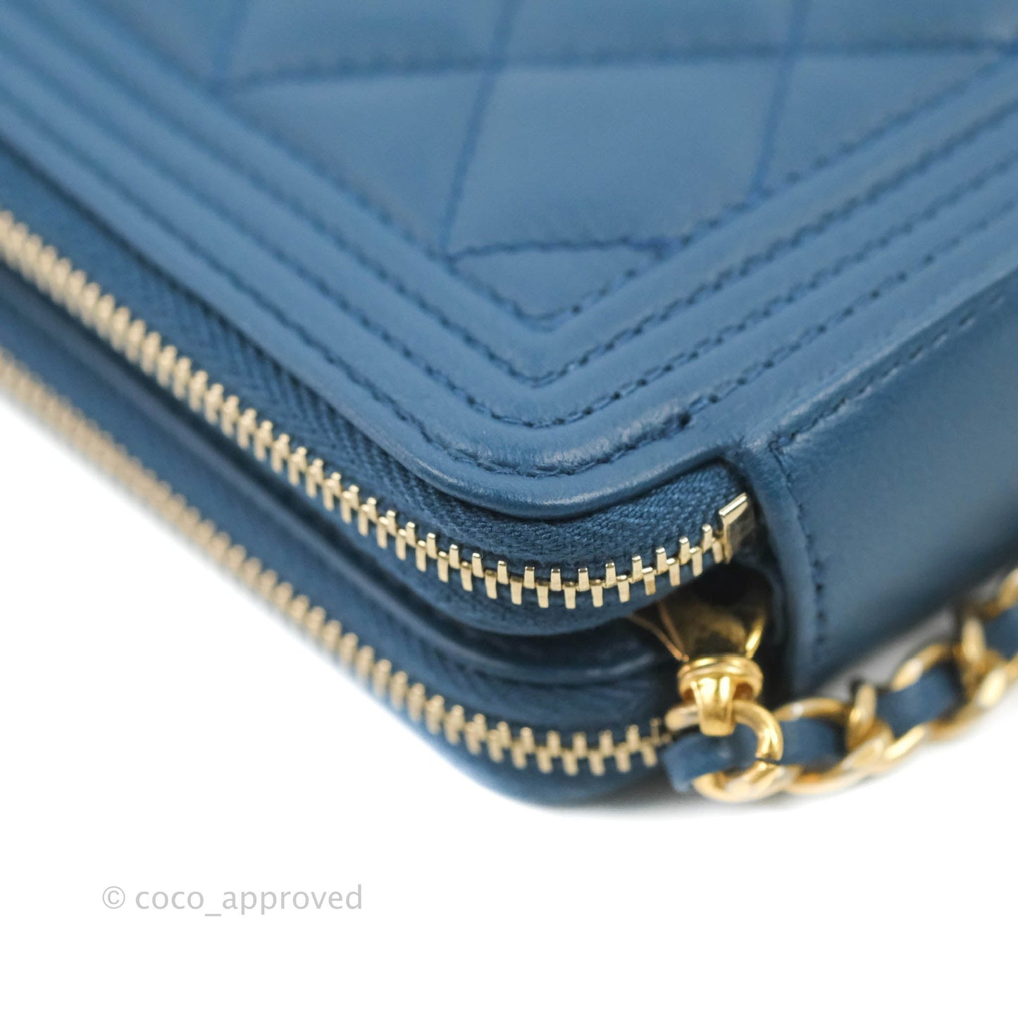Chanel Boy Double Zip Clutch On Chain Blue Lambskin Aged Gold Hardware