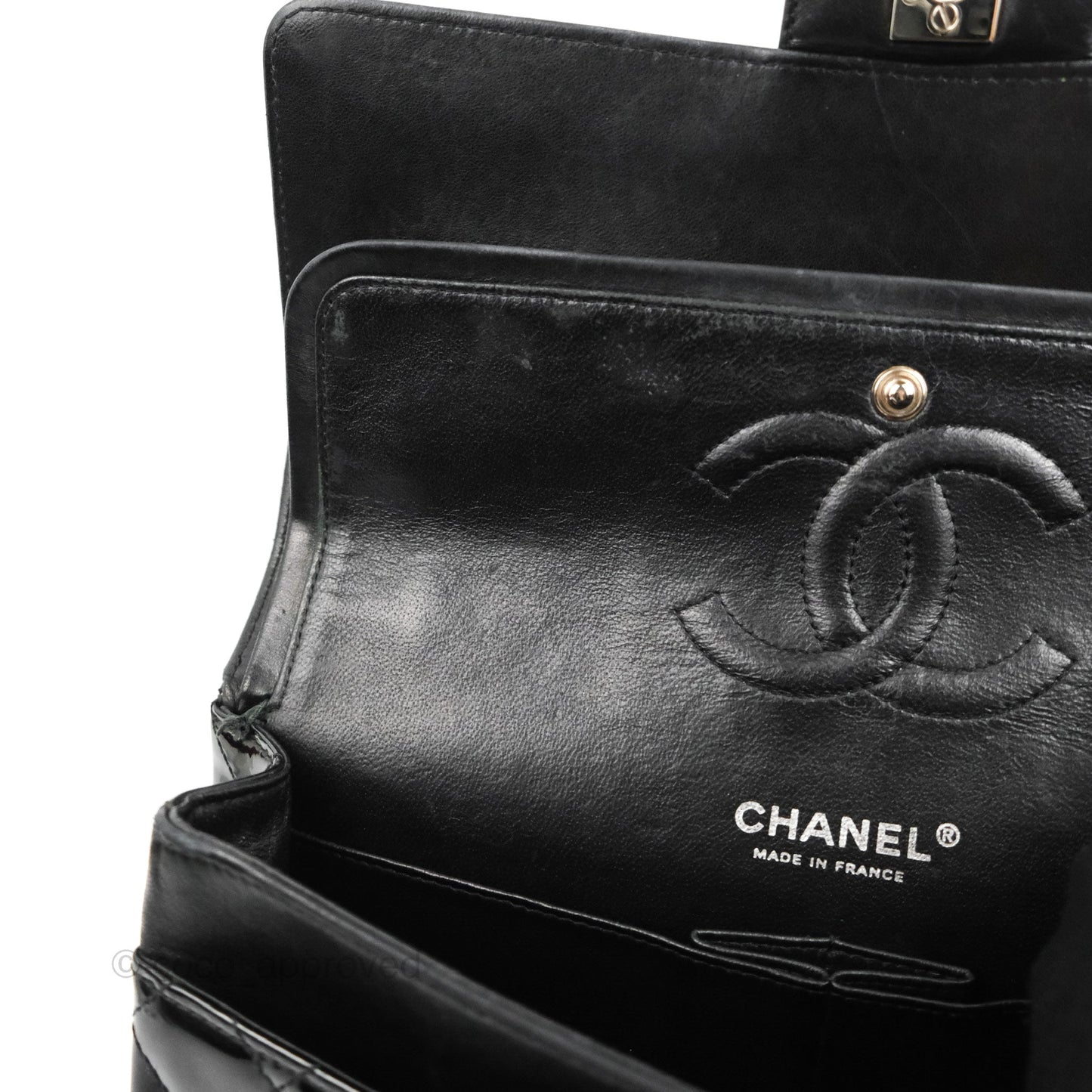 Chanel Classic M/L Medium Flap Quilted Black Patent Silver Hardware